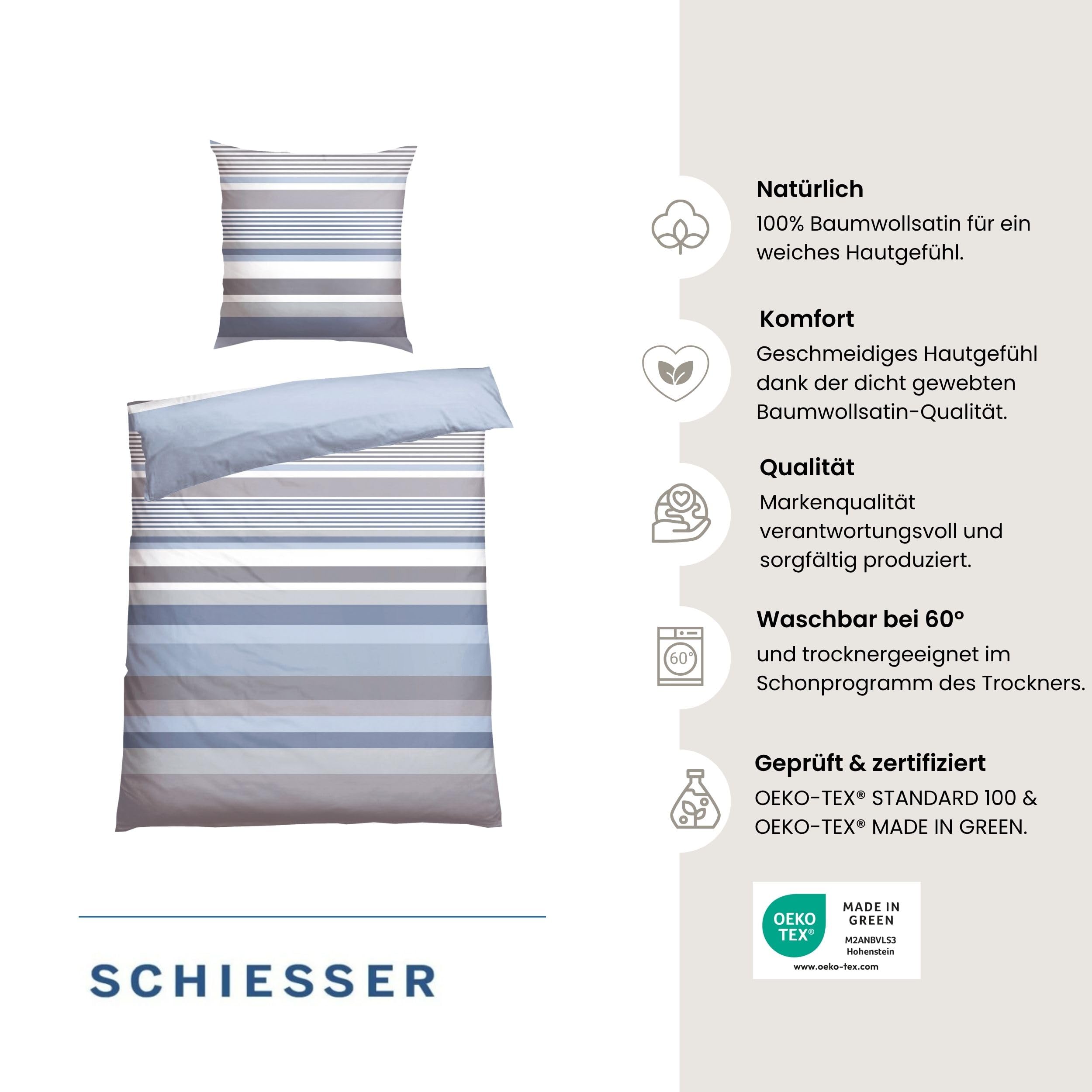 Schiesser Bettwäscheset Hoops | Baumwollsatin | 2-teilig | Gestreift | 100% Baumwolle | Seidig schimmernd & glatt | Oeko-TEX® Made IN Green | YKK-Reißverschluss | 135x200 cm + 80x80 cm | Blau