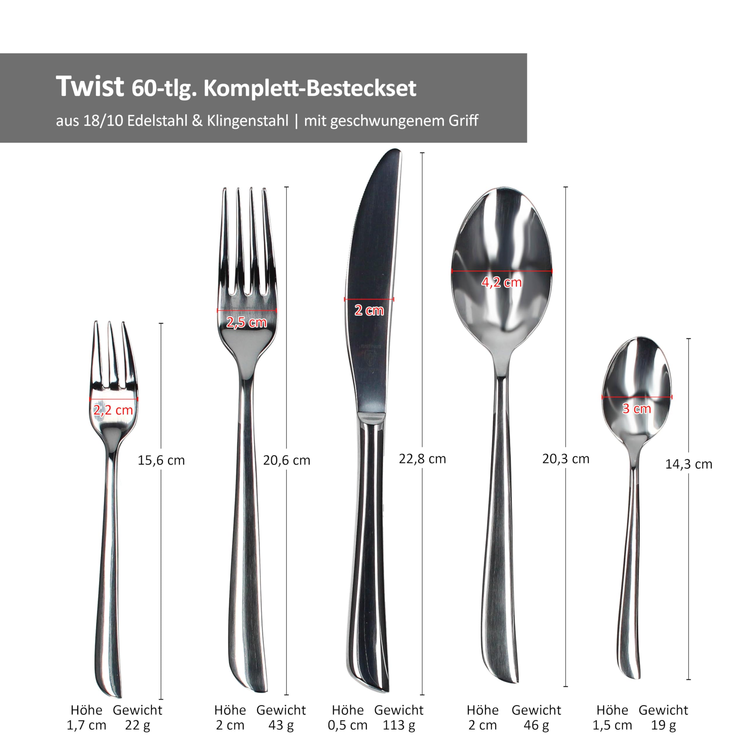 Justinus Twist 60tlg Komplett-Besteck-Set I für 12 Personen I mit geschwungenem Griff I aus rostfreiem poliertem 18/10 Edelstahl & Klingenstahl I Gabel, Messer & Löffel I für Gastro & Zuhause