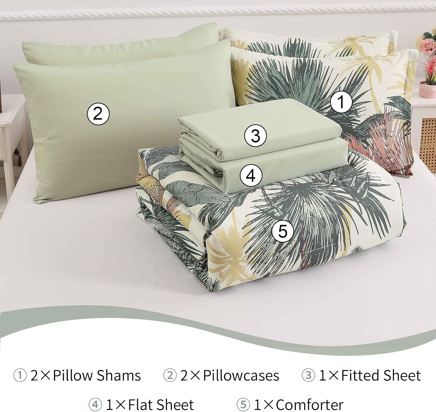 WONGS BEDDING Botanical Comforter Set Queen, 7 Pieces Green Palm Tree Bed in a Bag, Reversiable Soft Microfiber Coastal Beach Bedding with Comforter, Flat Sheet, Fitted Sheet, Pillow Shams Pillowcases Queen Green image 6 of 7 B0CKMGDLQS