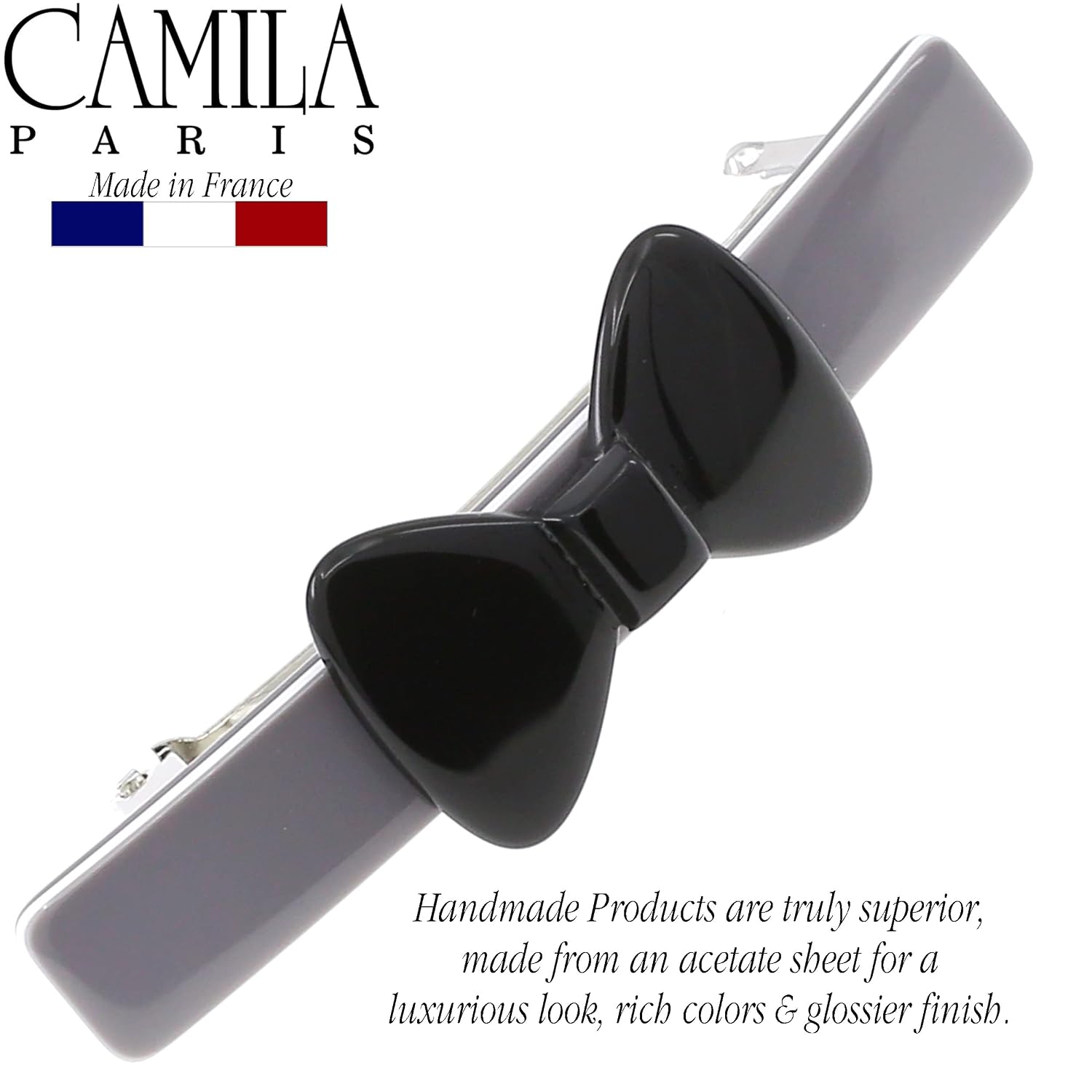 Camila Paris CP3371 French Hair Barrette Clip for Girls, Handmade Gray and Black, Strong Hold Grip Hair Clips for Women, No Slip and Durable Styling Girls Hair Accessories, Made in France