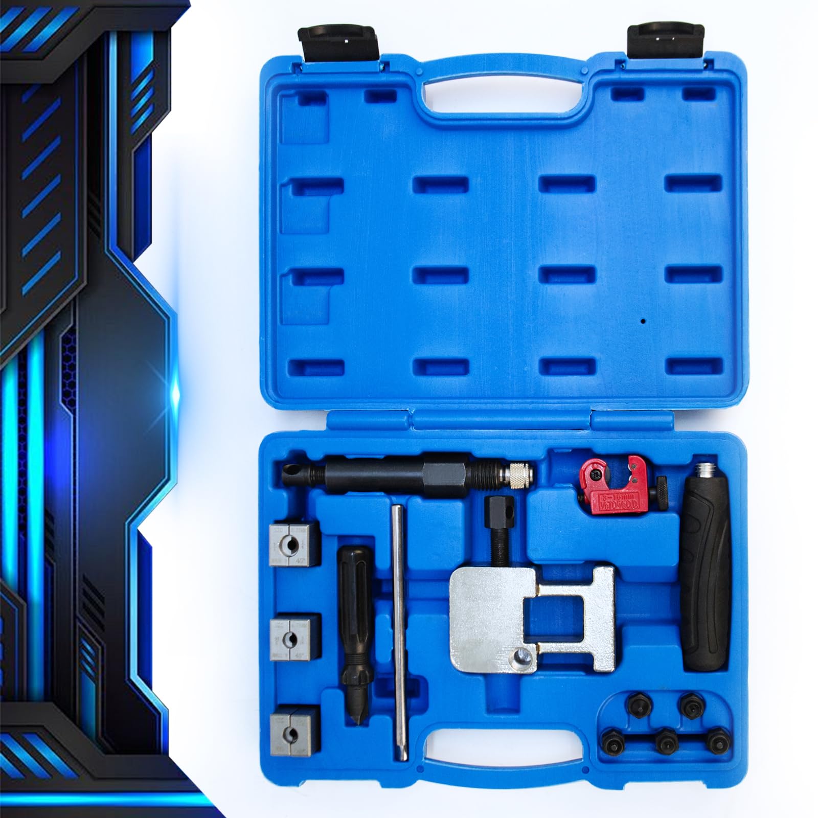 JAOGAUS Outil à Évaser Hydraulique pour Tuyaux de Frein, Kit Mobile d'Évasement pour Évasement Double et Convexe SAE/DIN, avec Coffret de Rangement et 18 Accessoires