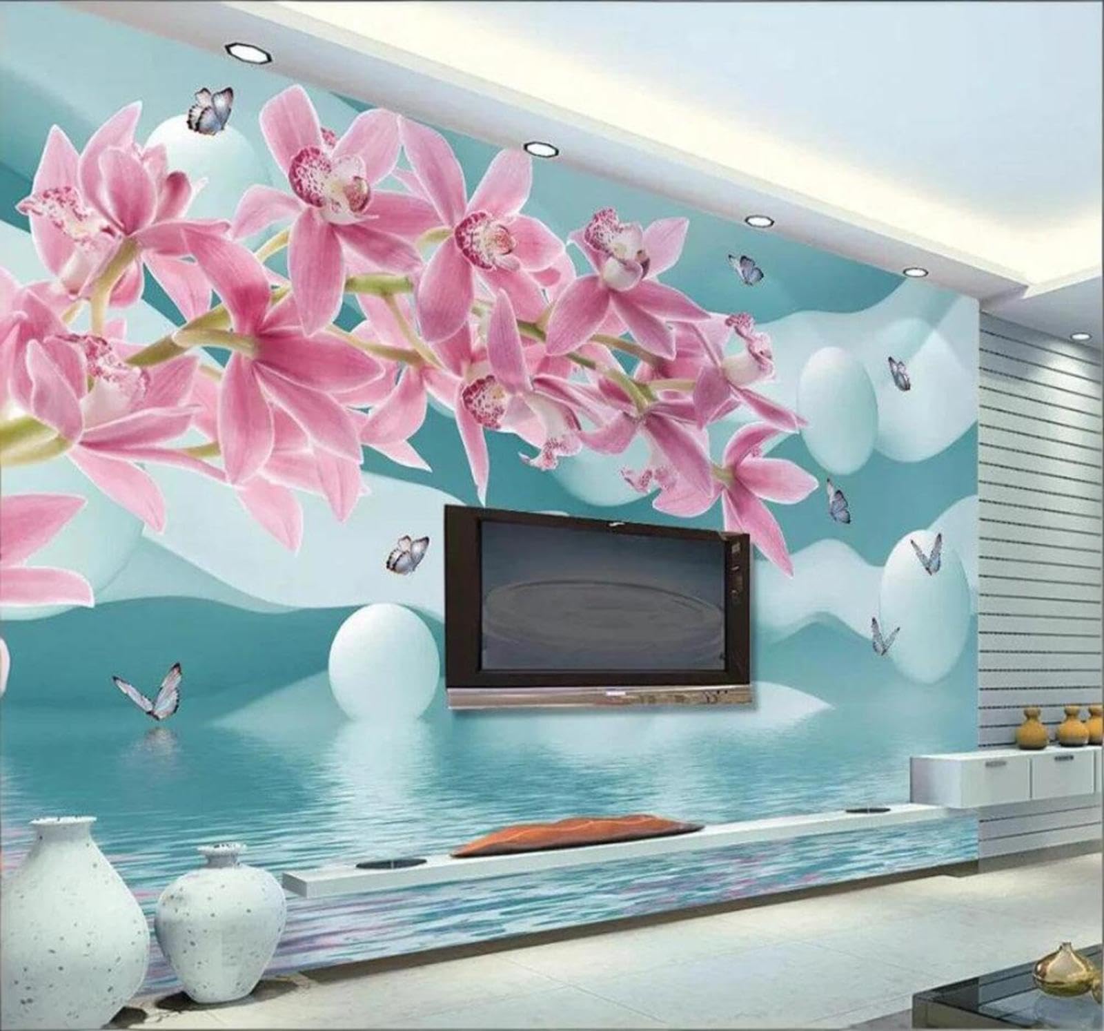 Wallpaper-3D-Xlm 200Cm×140Cm(B×H) Three Dimensional Fresh Beautiful Lilies Butterflies 3D Wallpaper Easy Install Feature Office Living Room Sofa Bedroom Tv Background Wall Decoration-200Cm×140Cm