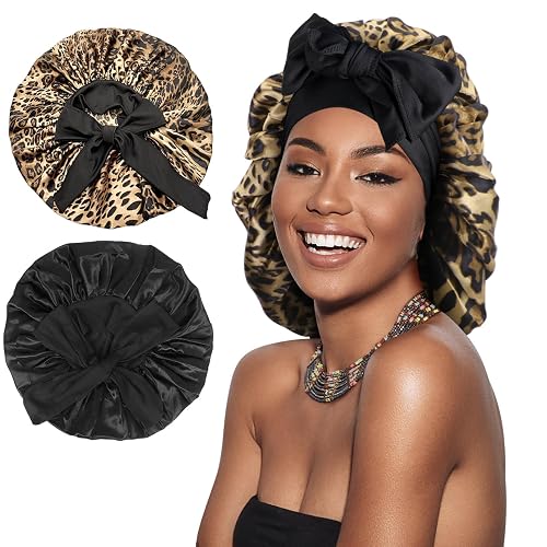 Arqumi 2 Pcs Cheetah-Print Satin Silk Bonnet for Sleeping Women, Large Cute Bonnet with Long Strap Tie Band Adjustable Sleep Night Cap Hair Bonnet for Men Long Short Hair, Black+Leopard