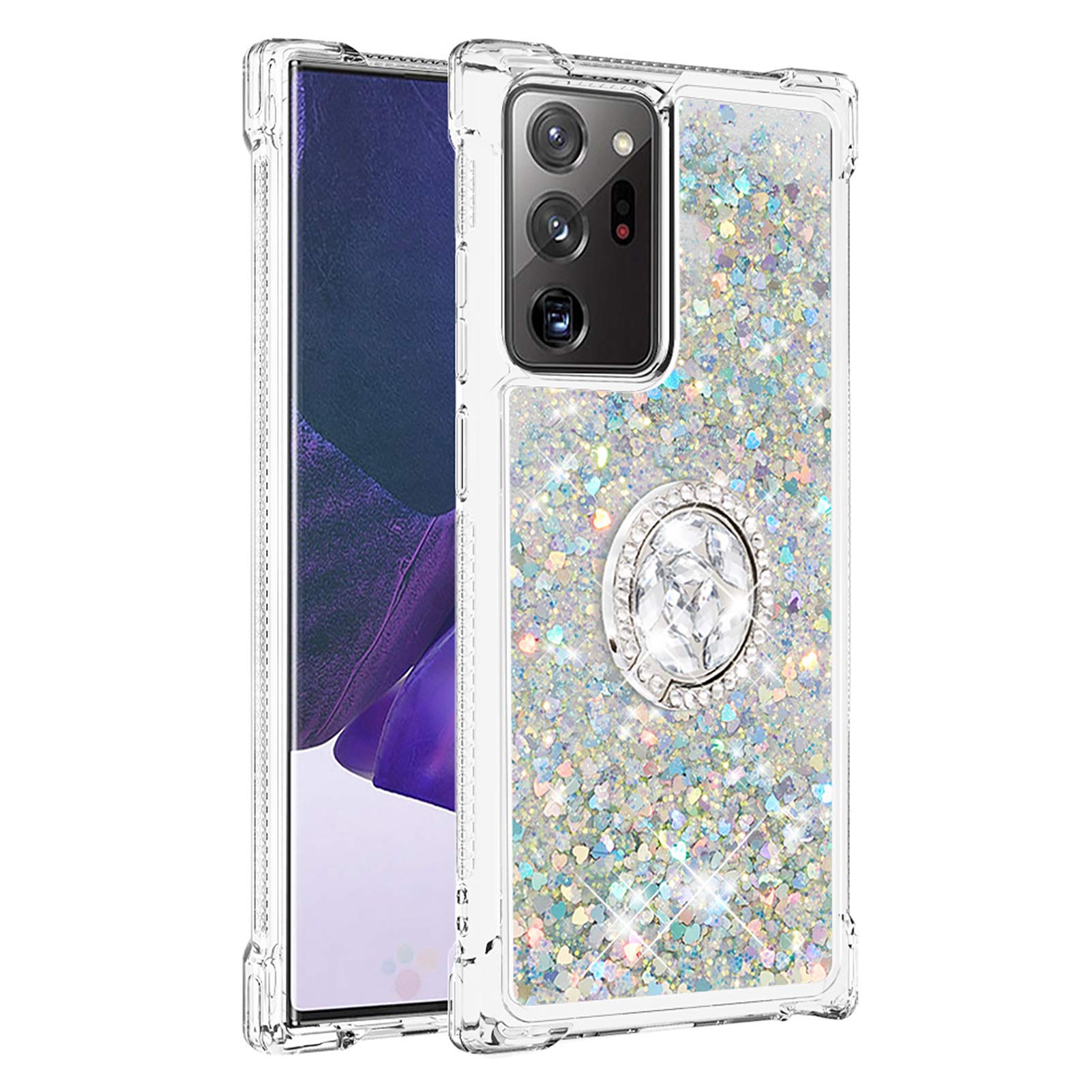Liquid Phone Case for Galaxy Note 20 Ultra with Ring Stand, Bumper Case Bling Waterfall Liquid Case Resistant Silicone Back Case Glitter Protective Cover Compatible with Samsung Galaxy Note 20 Ultra
