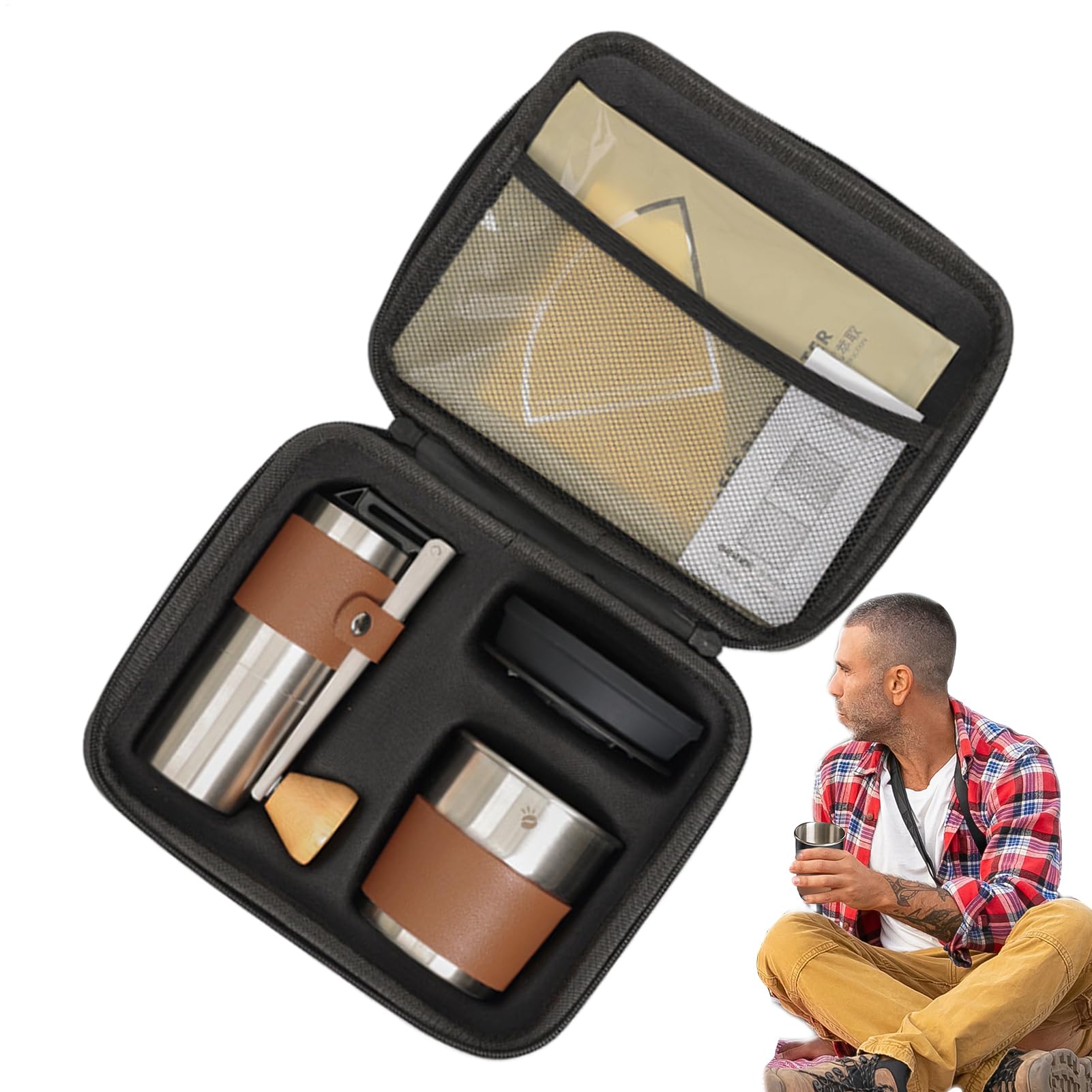 Generisch Manuelle Kaffeebohnenmühle, Kaffeefilter Set Mit Tragetasche, Multifunktionale Kaffeemühle Mit Tragbarem Kaffeezubehör-Set Für Reisen, Wandern, Und Zuhause