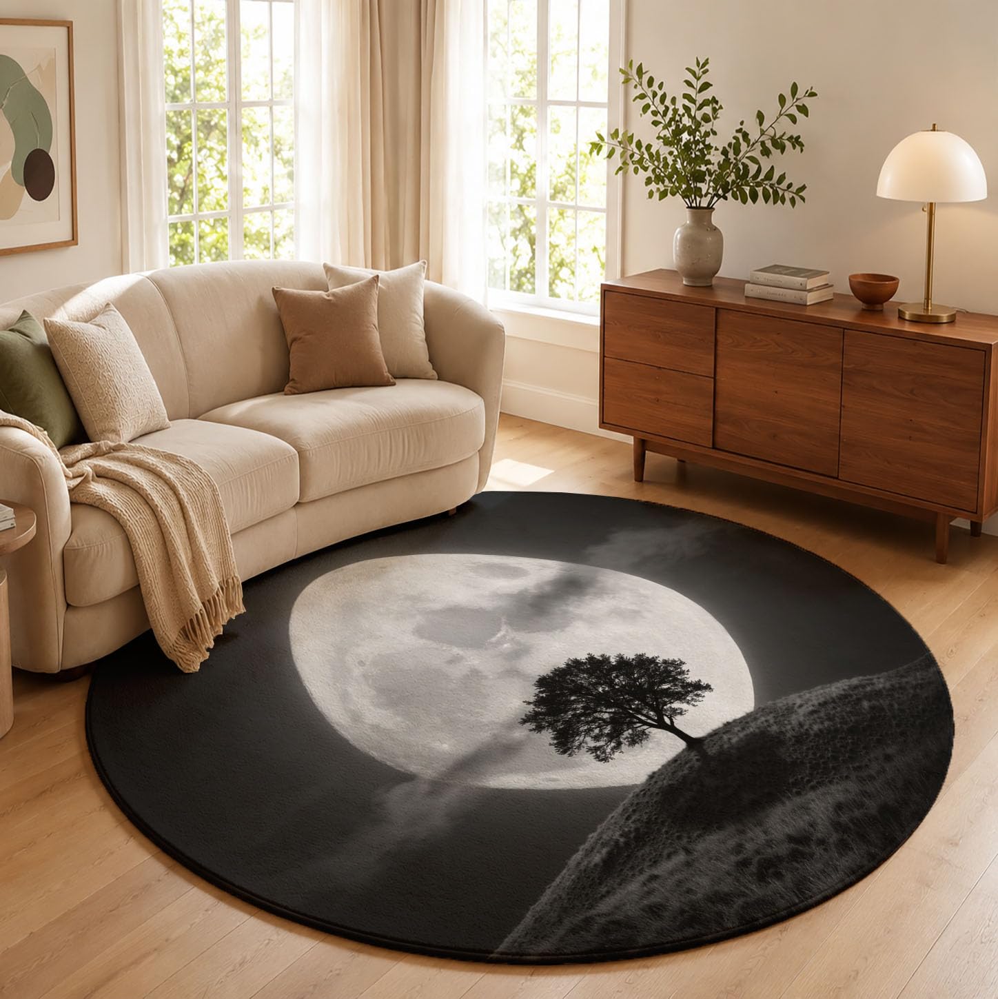Tapis Rond 160cm Pleine Lune Arbre Solitaire Herbe pour Chambre | Art De Silhouette Rétro Rond Tapis Antidérapant Lavable en Machine Cuisine Salon Adulte Interieur Bureau Cuisine Decoration