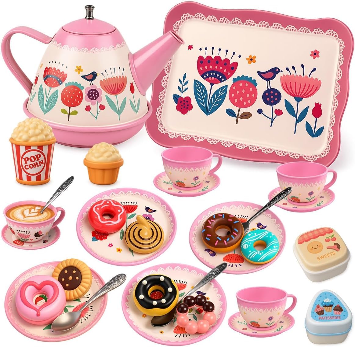 Toyana Kids Tea Set 30 PCS, Floral Pretend Play Tea Party Playset with Teapot, Cups, Plates, Dessert Donuts & Serving Tray, Role Play Kitchen Accessories Toy for Imaginative Play, Birthday Gift