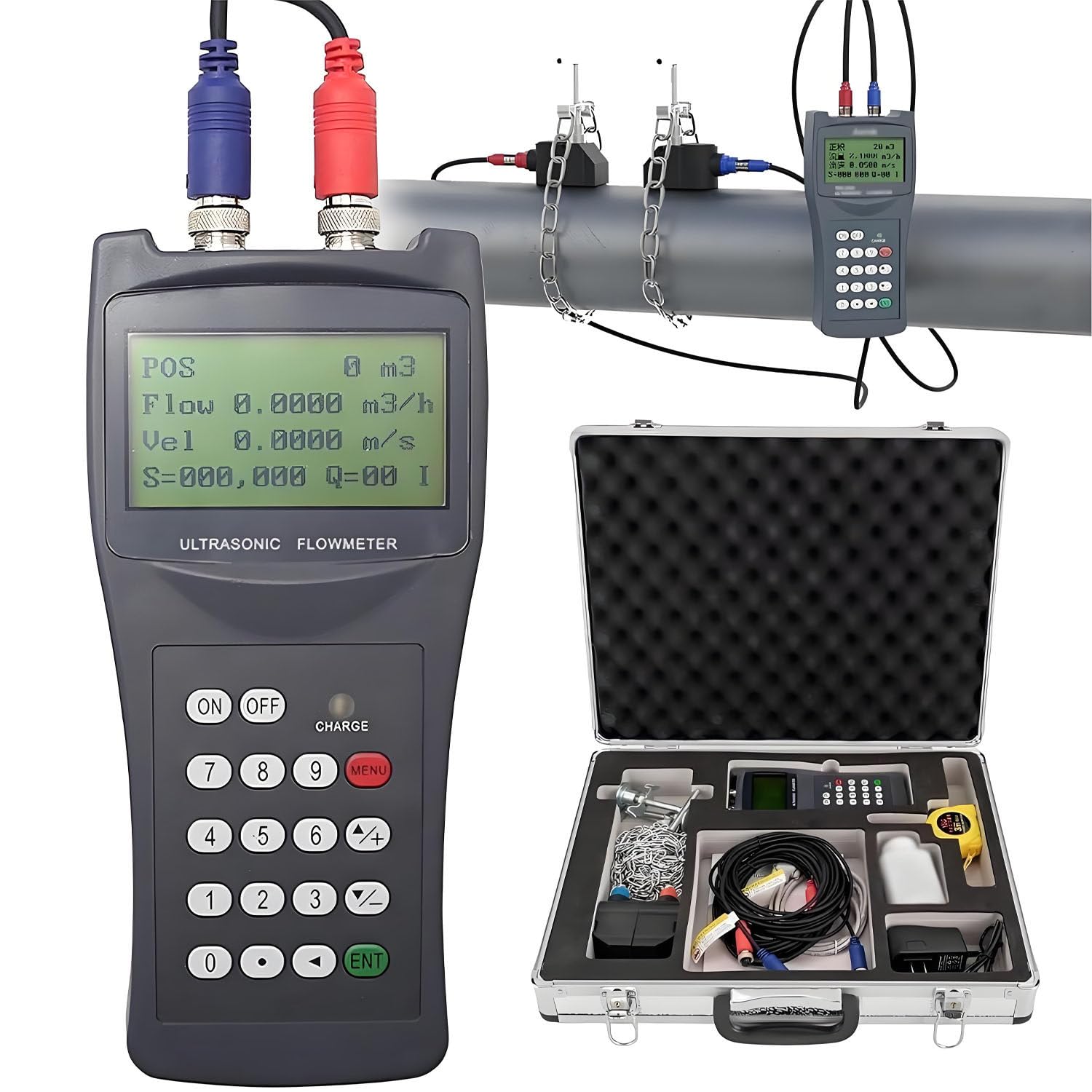 GLBMXDD Water Flow Meter - Portable Ultrasonic Liquid Flow Meter Portable Liquid Flowmeter Tester Waterproof IP67 LCD Display,for production monitoring, flow calibration L1(DN300-6000)