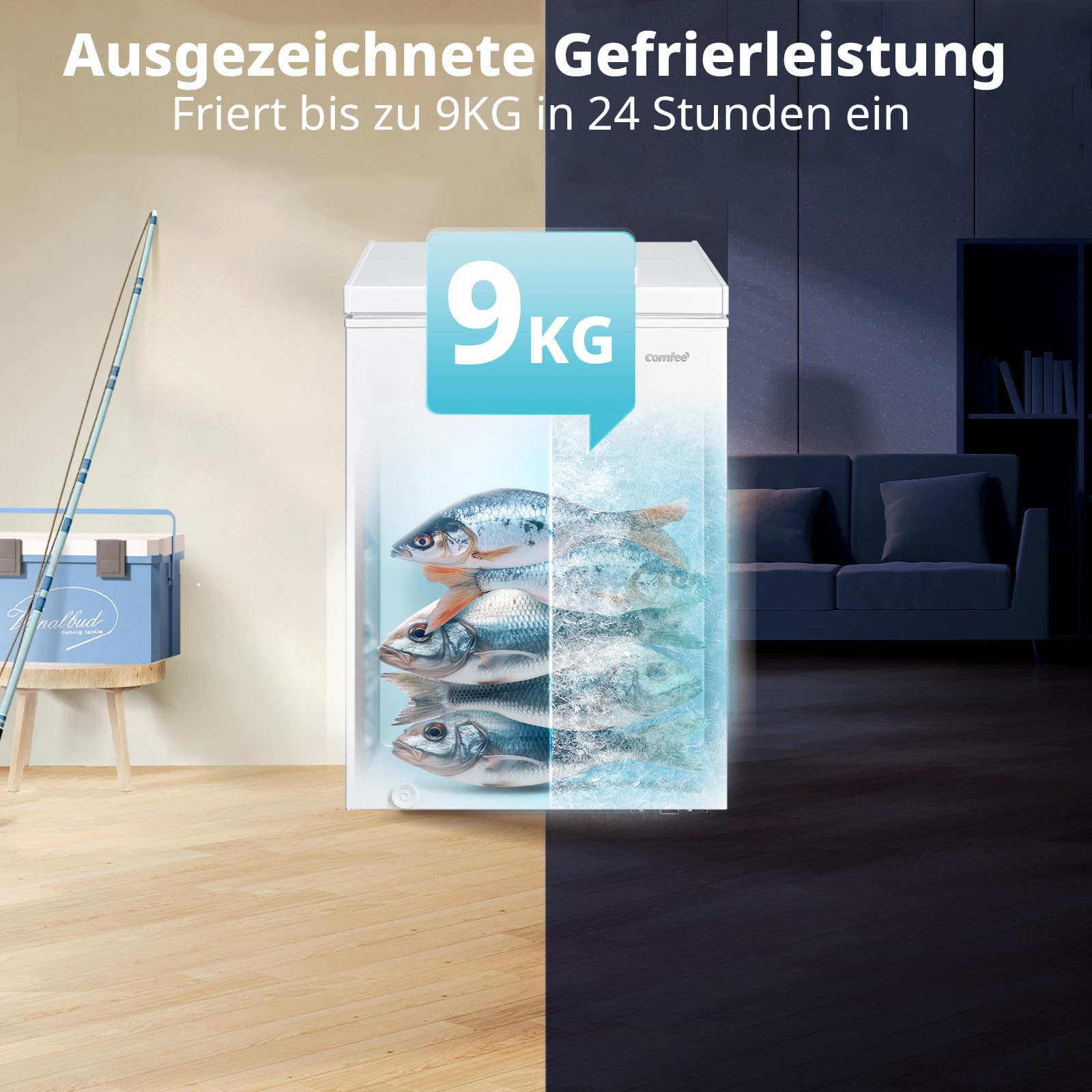 Comfee 198L Gefriertruhe, leise 37 dB, 4-Sterne-Gefrieren, Kühl-/Gefrier-Konvertierung (1–10°C / -24––12°C), 24‑h‑Schnellgefrierung 9kg, Energiesparender Inverter-Kompressor, Aluminium-Innenraum