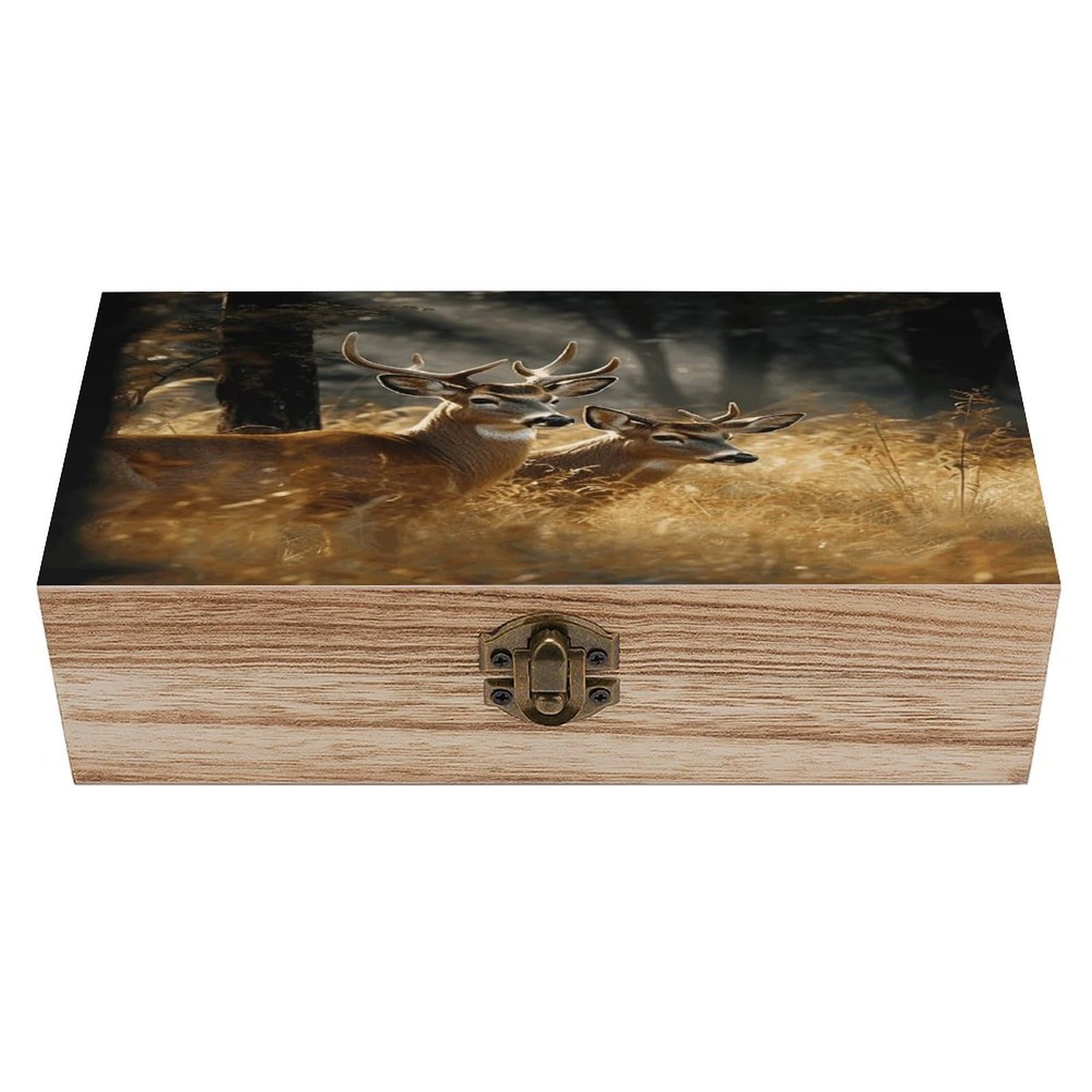 VstaDank Nature Wild Animal Deers Wooden Box with Hinged Lid Handmade Wooden Jewelry Boxs Organizer Personalized Woodens Keepsake Box for Pictures Wedding Photo Jewelry Decorative Chest Rustic Crate