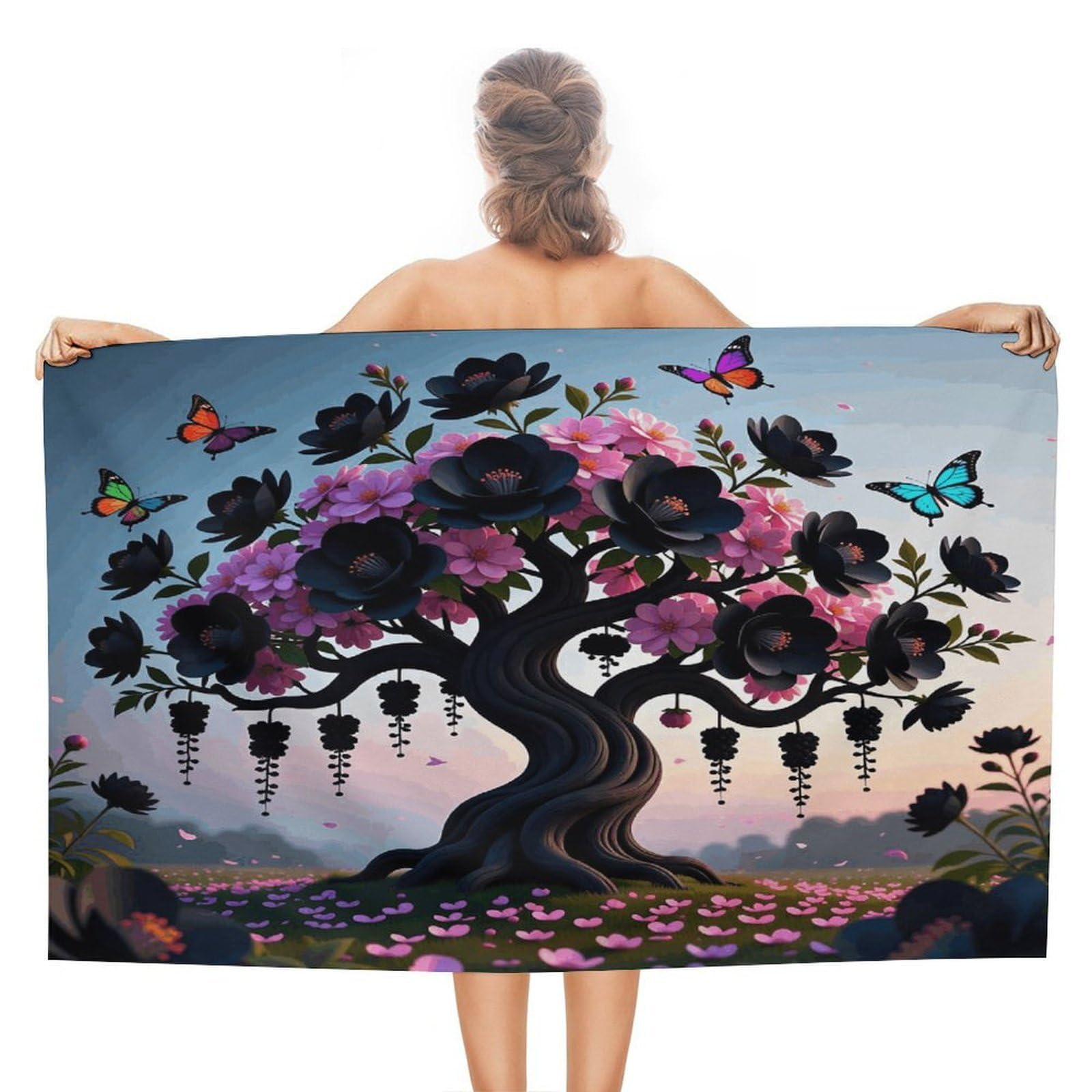 VstaDank Black Blossom Bath Towel Stylish Double-Faced Pile Travel Towel Soft Absorbent Beach Towel for Pool Swim Sports Camping Adults Gift 51X31 Inch