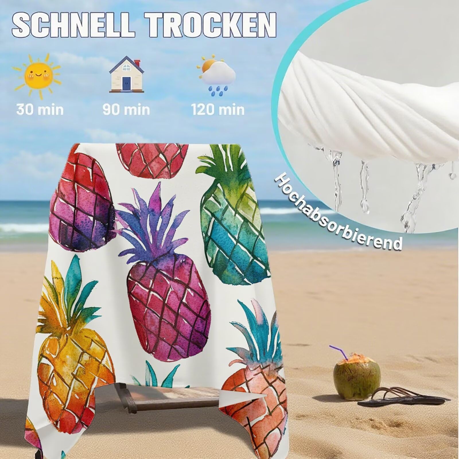 Serviette de Plage Microfibre Serviette Plage 100x220 2 Pack Séchage Rapide, Anti-Sable, Absorbante Fonction drap de plage xxl pour Bain, Sport, Voyages, Sauna, Piscine, Yoga, avec Sac Ananas Q-229