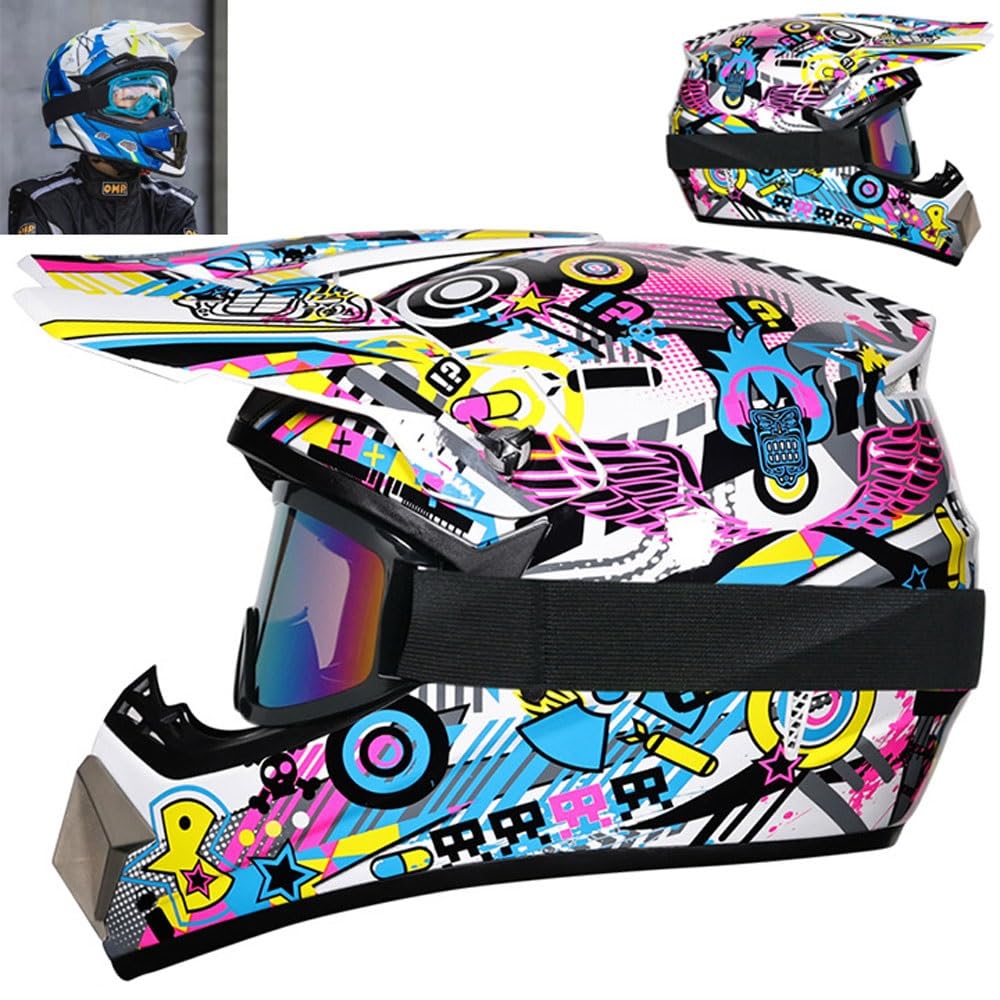 Casco de Motocross Juvenil con Gafas, Guantes Y MáScara para NiñOs de 5 A 14 AñOs, Casco ATV para NiñOs Y NiñAs, BMX, Descenso, Bicicleta de MontañA, Cuatriciclo, Homologado por El Dot