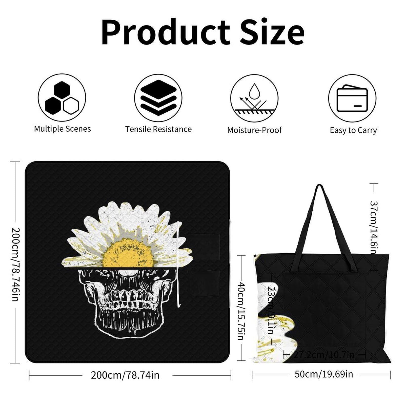 3D Impresión Skull SunFlores T-Shirt Toalla Playa Grande Toalla De Playa Grande Accesorios Playa Esterilla De Playa para Picnic, Playa, Camping 200x200cm