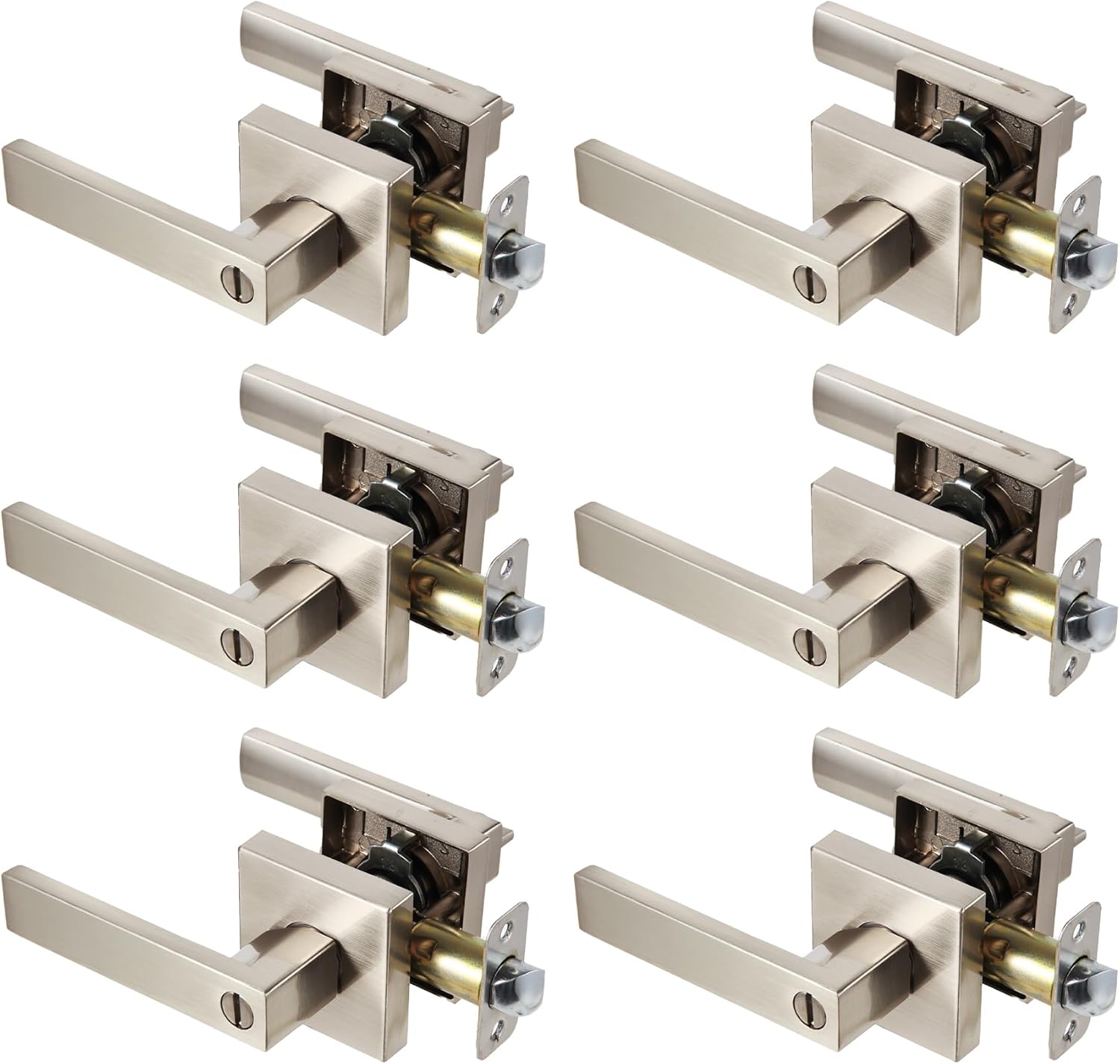 Bamberg 1091CT Door Lock Lever Handle for Entrance, Door Levers Bed Bath Door Handles, Modern Square Heavy Duty Interior Door Locks for Left or Right Sided Doors (Privacy, Satin Nickel, Six per Box) 6 Pieces Modern Satin Nickel