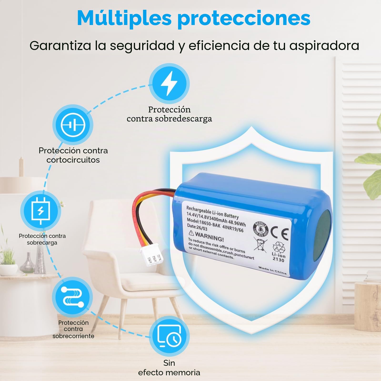 3400 mAh 14,4 V Batería 48,96Wh Repuesto Batería Compatible con CECOTEC Conga 2299, Conga 2299 Ultra Home Vital Aspiradora Robot