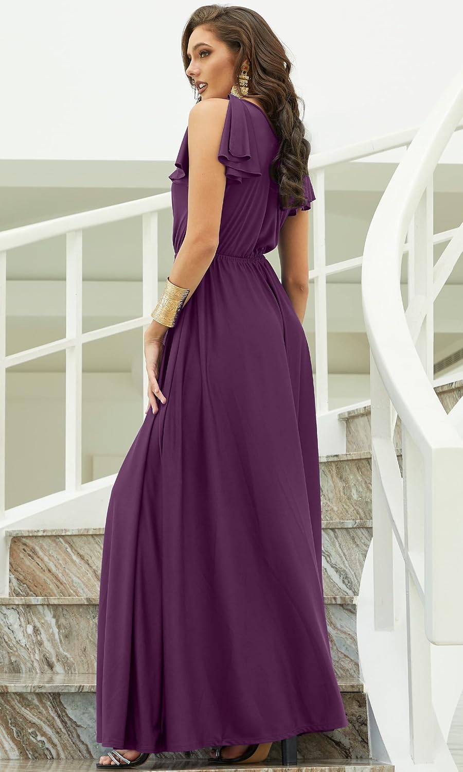 KOH KOH Womens 2025 Long V-Neck Ruffle Sleeveless Bridesmaid Prom Gown Maxi Dress