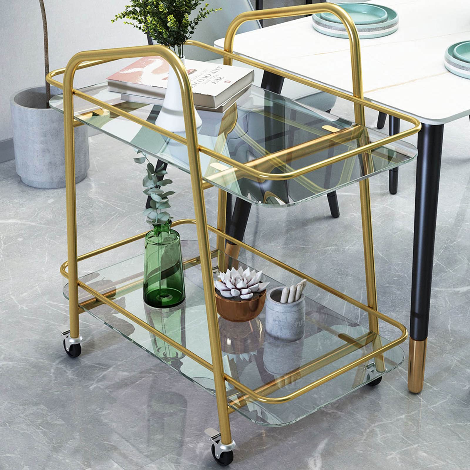WolFum Carrello da Pranzo Mobile, Carrello con ripiano in Ferro battuto/Acciaio Inossidabile Domestico, Carrello per Vino Nordico a Doppio Strato (Acciaio Inossidabile Oro) ()