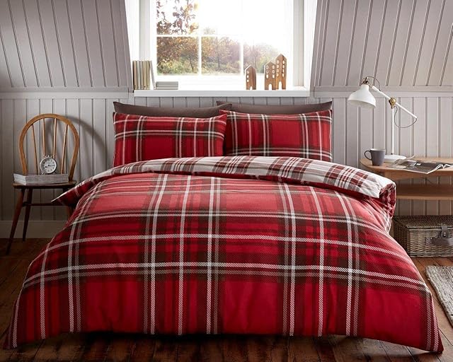 oceanevo® Tartan Check Duvet Covers Flannelette Brushed Cotton Reversible Quilt with Pillowcases Soft Warm Checkered Bedding Sets (Red, Double)