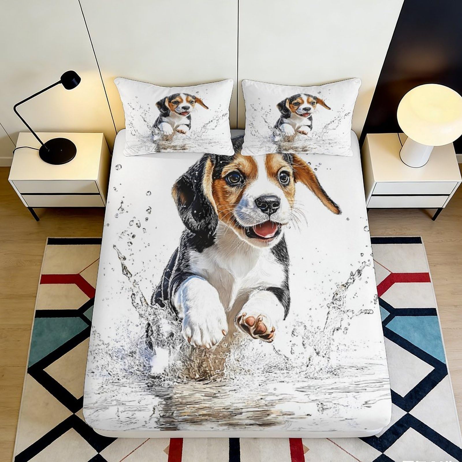 3D Printed Beagle Puppy Splash Fitted Sheet Microfiber Anti-Slip Mattress Cover for Bedroom Dorm Machine Washable Decor 160x200x25cm