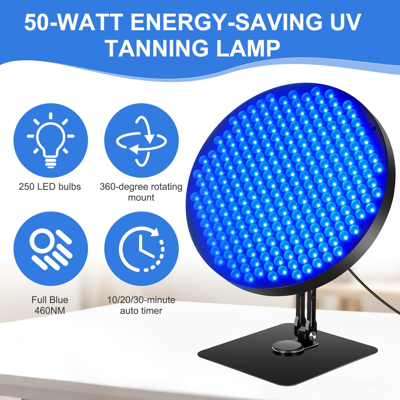 Solarium pour la maison, 460 NM, lampe de bronzage avec 250 LED, lampe de bronzage de 50 W avec lunettes solarium, support en métal réglable à 360 ° et minuterie, lampe de bronzage pour le corps et le