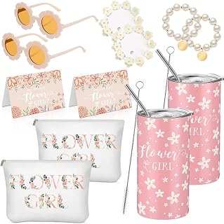 Inbagi 12 Pcs Flower Girl Set Including Flower Girl Tumbler Round Sunglasses Canvas Bag Will You Be My proposal Card Bracelet Hair Clip for Wedding Engagement Bridal Party