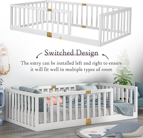 Miniatura 48 de Tatub Cama Montessori de suelo individual con rieles altos, marco de cama Montessori de madera maciza para niños, la entrada se puede instalar a