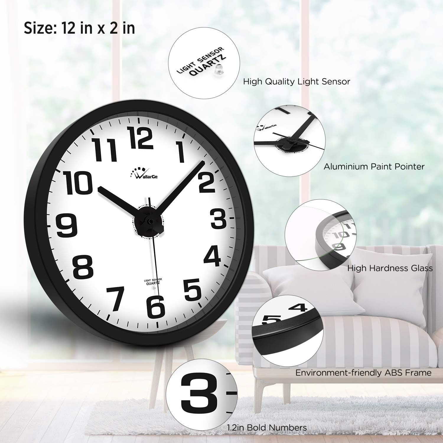 WallarGe Night Light Wall Clock for Bedroom - 12 Inch Silent Battery Operated Wall Clocks for Living Room/Kitchen,Large Digital Display,Adjustable Brightness,Easy to Read Both Day and Night. : Home & Kitchen