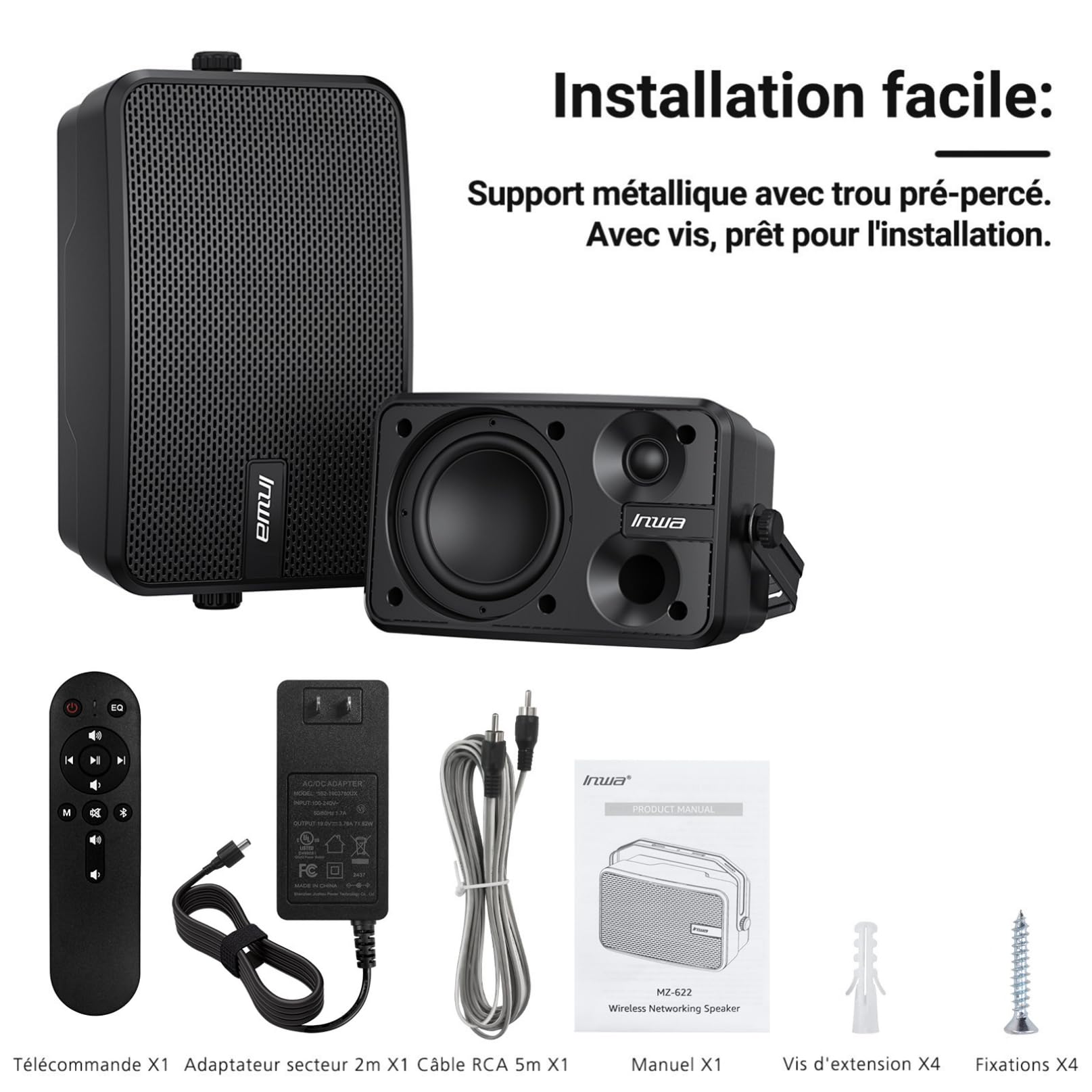 Inwa Altavoz Bluetooth Exteriores, 400W Altavoces Activos Pasivos Pared, Sistema de Sonido Estéreo Inalámbrico Impermeable para Interior Exterior con Entrada Aux (Par, MZ622, Control Remoto, RMS 40W)