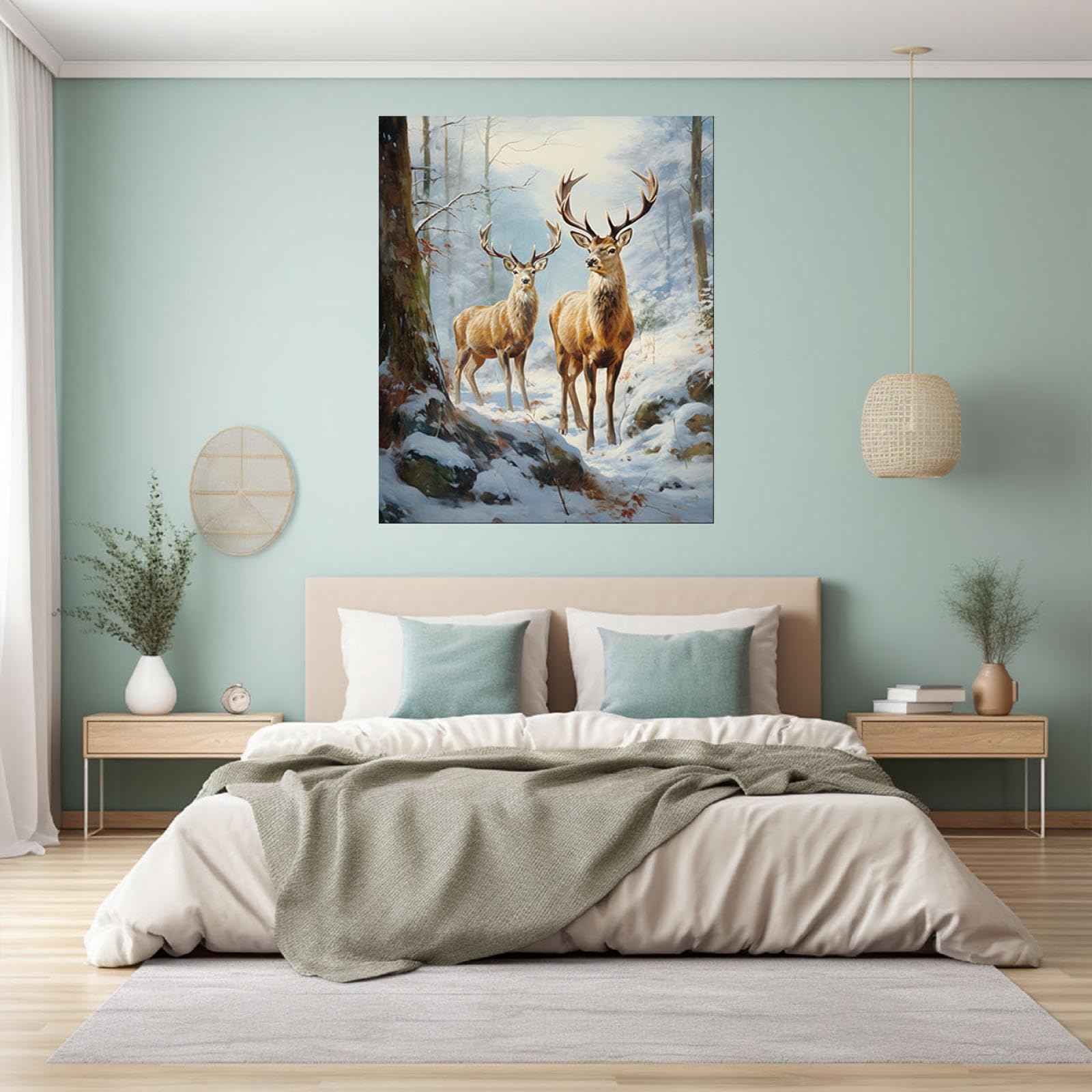 JOSUE Tier LeinwäNde Groß Xxl Wall Decoration Bilder,Hirsche im Winterschneewald Weiss-braun Wandbilder FüR Schlafzimmer BüRo Home Dekorationen-75x115cm Gerahmt