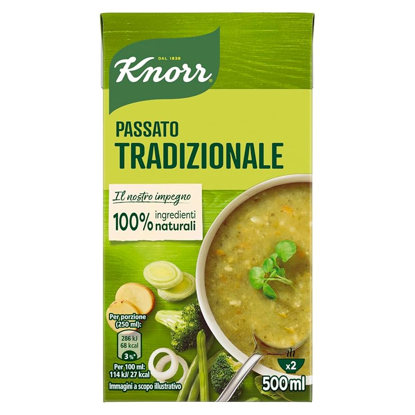 Knorr Passato di Verdure Tradizionale, Minestrone con 10 Verdure, 100% Ingredienti Naturali, Ricco di Fibre e Fonte di Proteine, Senza Conservanti Aggiunti, Senza Coloranti, Vegetariano, 500 ml