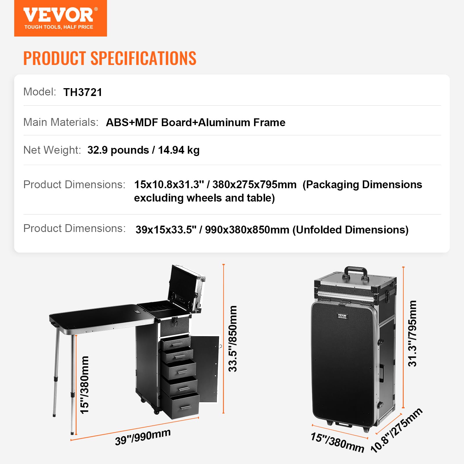 VEVOR Valigetta Portatile Ripiegabile per Trucco Parrucchiere Barbiere Piano di Lavoro Pieghevole Gambe di Supporto, Valigetta per Trucco, Scatola Portautensili Cosmetici Rotelle Girevoli a 360° Nero