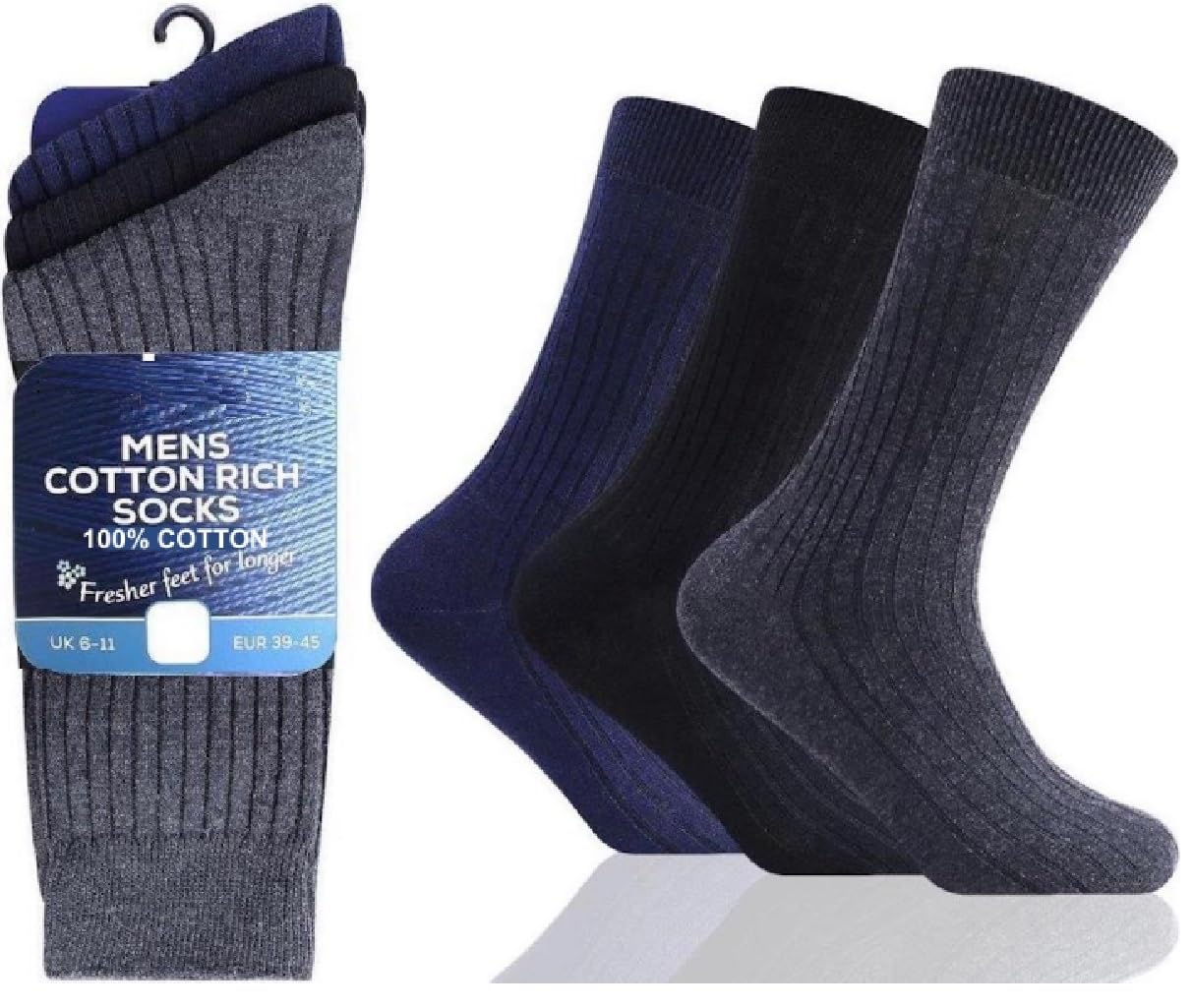 Onlybee Men's Dark Mix Comfort 100% Cotton 3 Pair Pack Black Ribbed Socks Uk 6-11 (Uk, Numeric, 6, 11, Regular, Regular, )
