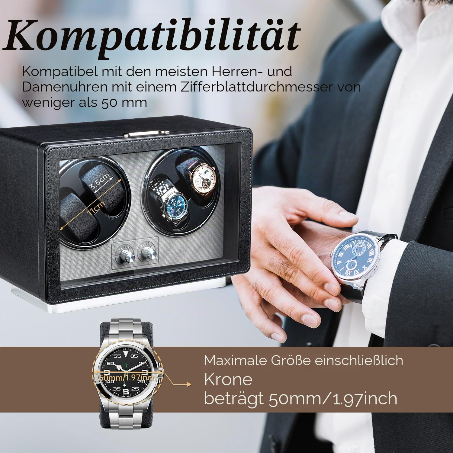 Mcbazel Automatischer Uhrenbeweger für 4 Uhren, PU-Leder Uhrenbox mit Ultraleisem Motor und LED-Licht, 4 Modi für Automatikuhren, USB-C & Batteriebetrieben - Schwarz