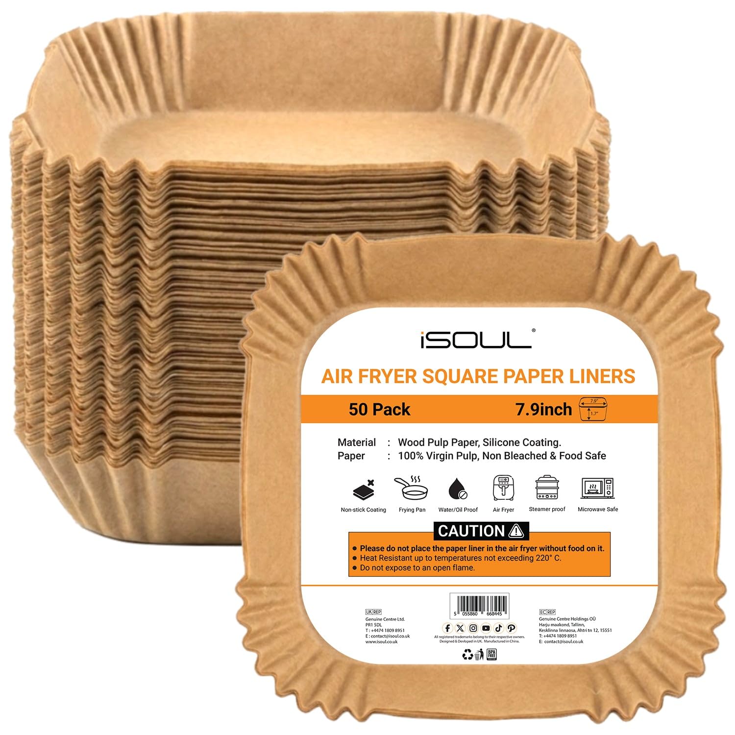 iSOUL Air Fryer Liners, 7.9 inch Square Air Fryer Disposable Paper Liners, Non-Stick Baking Paper for Air Fryer, Food Grade Parchment Compatible with COSORI, Ninja, Tower Air Fryer 50 Pack