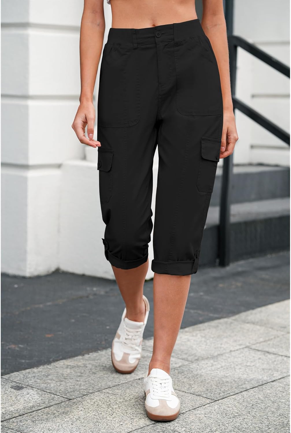 LookbookStore Capri Pants for Women High Waisted Cargo Casual Elastic Waist Rolled Hem Summer Capris Pants with Pockets - Image 5