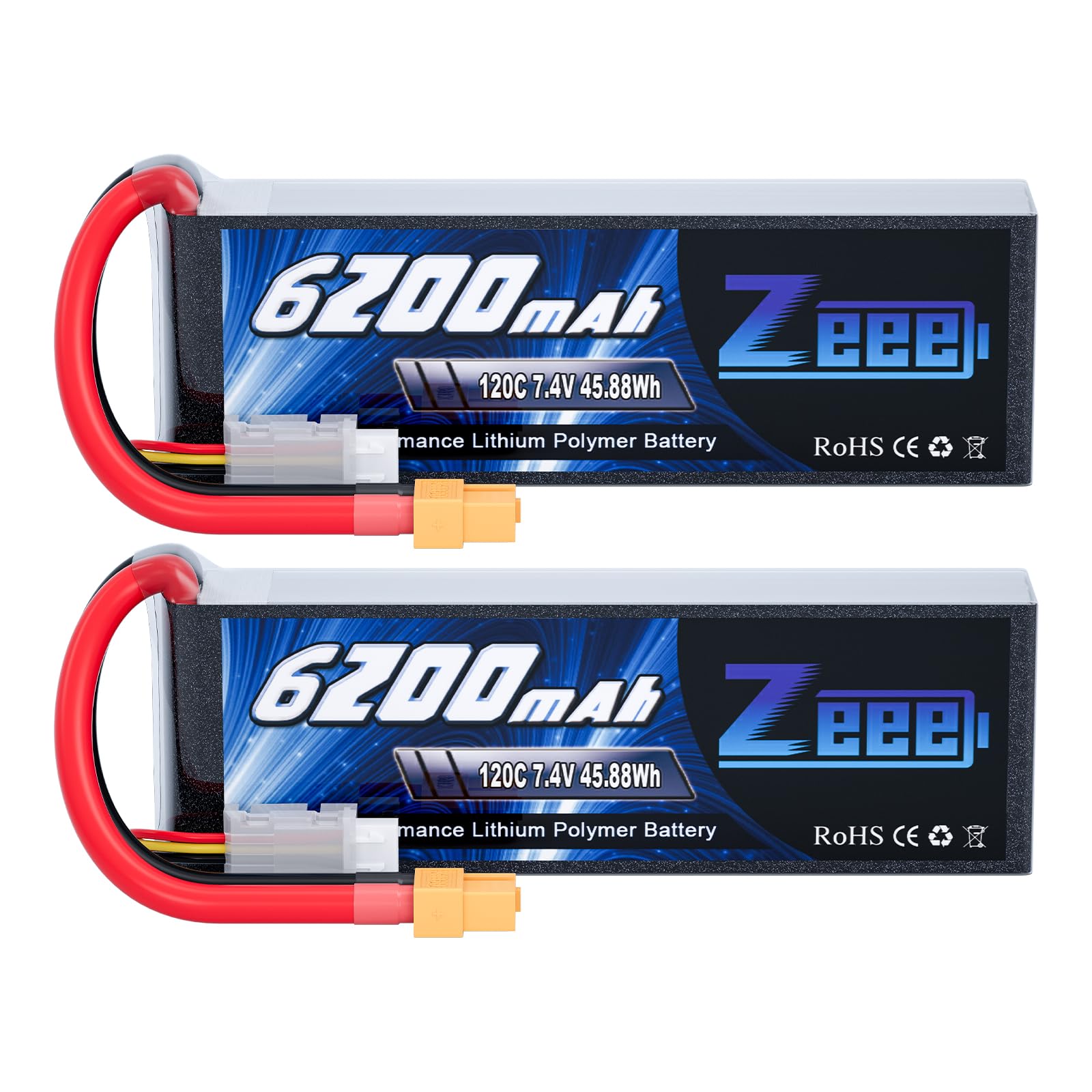 Zeee 2S 6200mAh Lipo Battery 7.4V 120C Soft Case RC Car Battery with XT60 Connector for RC Vehicles RC Truck Tank Truggy Boat Racing Hobby Models(2
