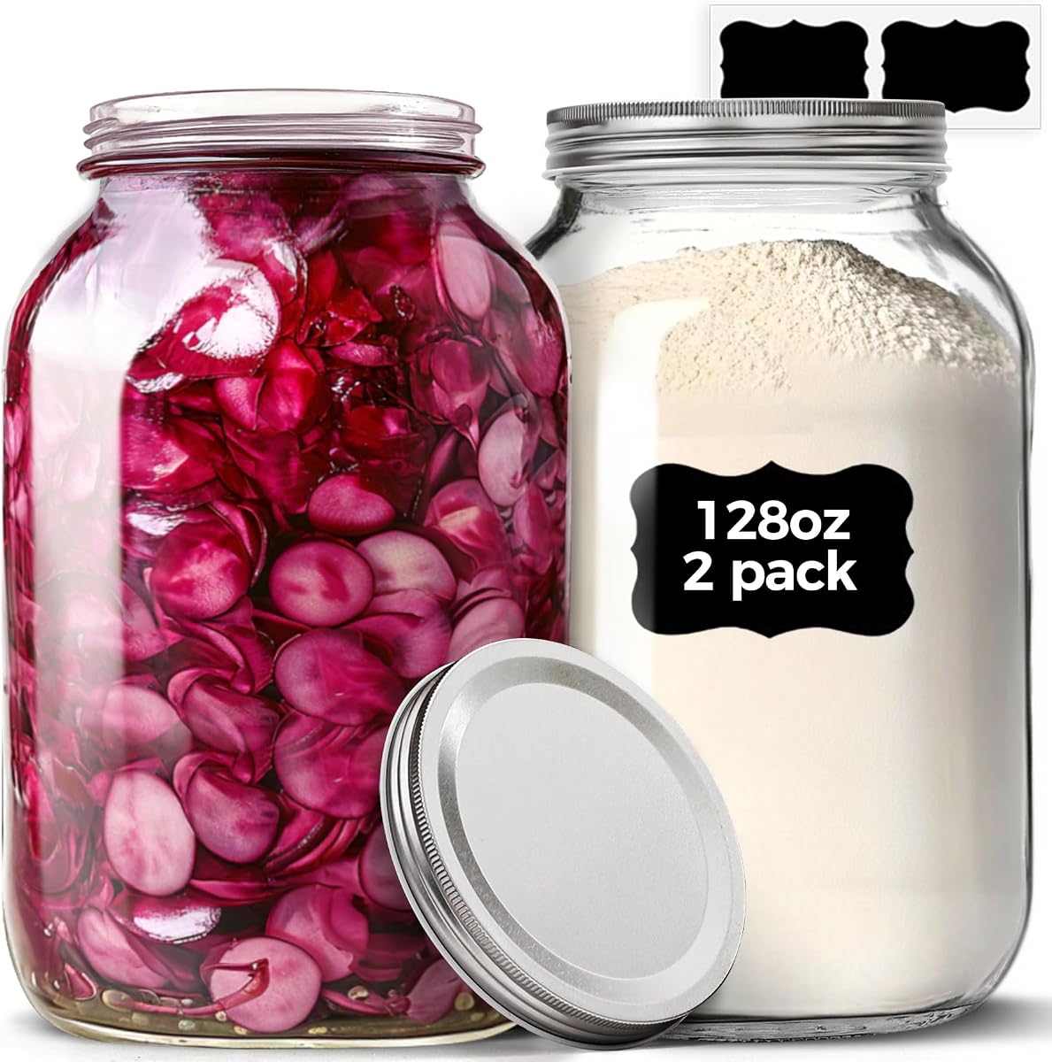 ComSaf 128 oz Wide Mouth Mason Jars 2 Pack, 1 Gallon Glass Jars with Lids | BPA-Free Materials, Large Size, Canning Pickling Sauce, Meal Prep Salad, Sourdough, Flour And Sugar For Baking, Food Storage