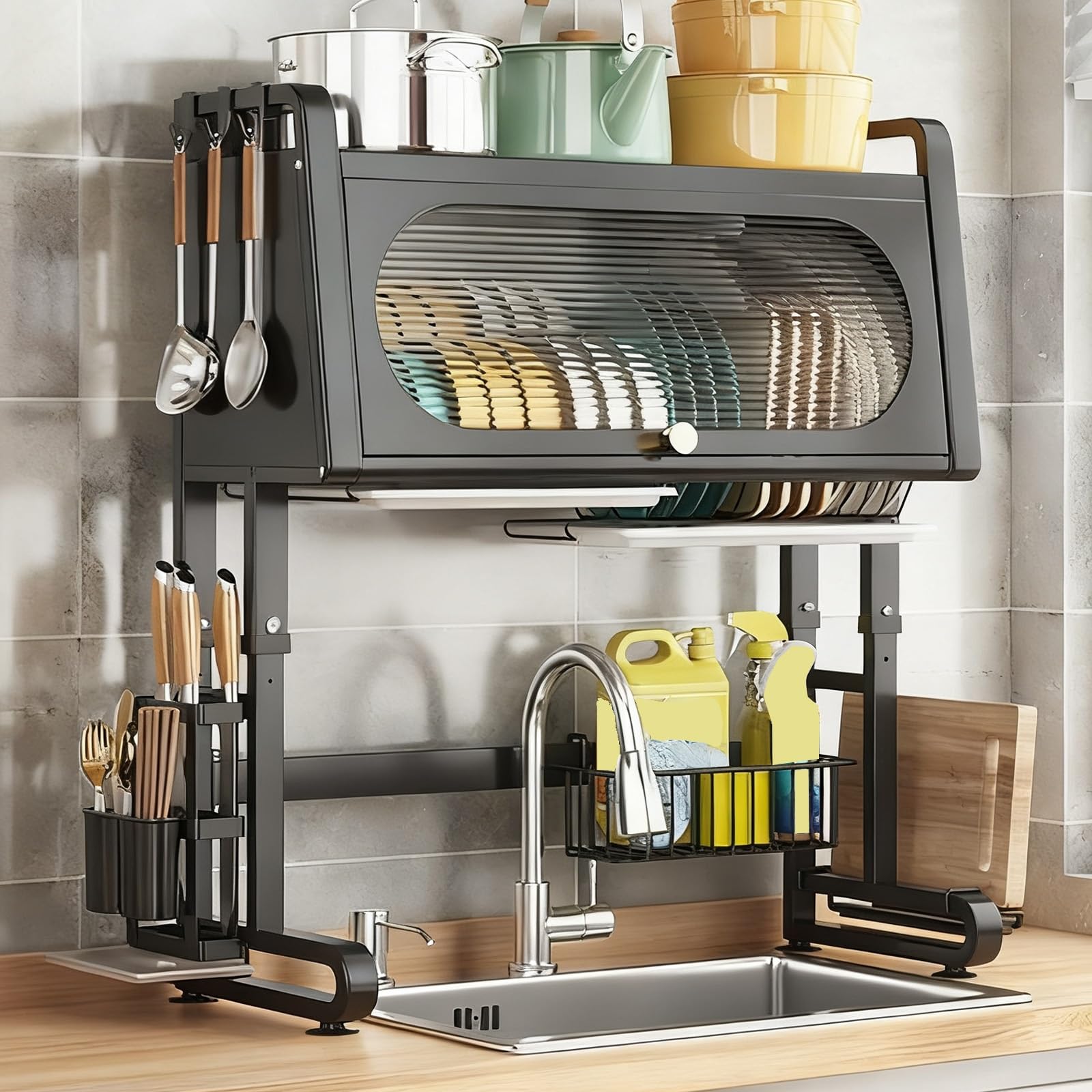 CAFIEDR Height Adjustable Stainless Steel Over Sink Dish Rack - Large Capacity Dish Drying Rack * Utensil Holder - Multifunctional Kitchen Storage Organizer.Black-77cm/30.3in