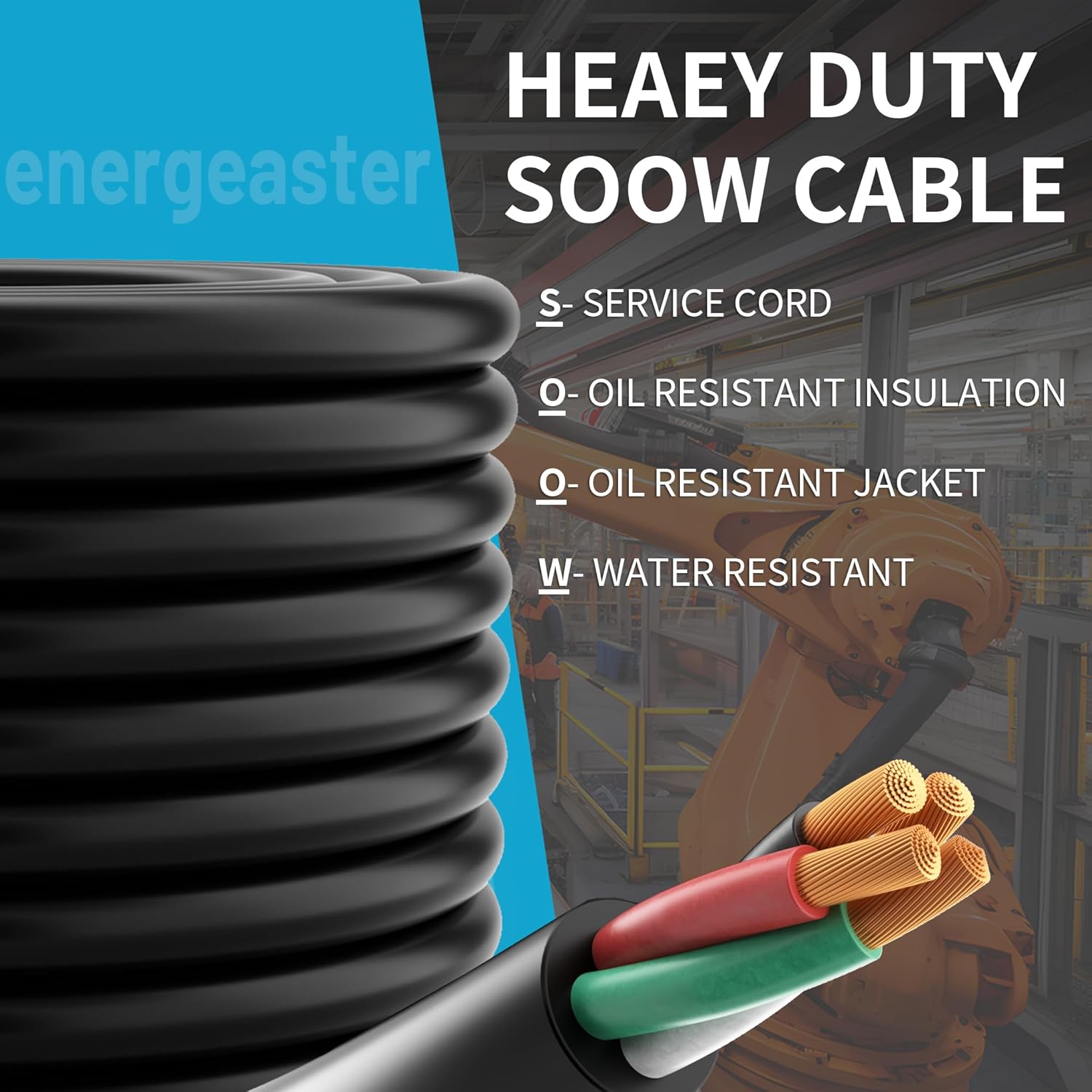 Electric 12/4 SOOW Bulk Cable-12 Gauge 4 Conductor-Rated for 600V, 20A -Water & Oil Resistant Cable for Industrial & Residential Use-Ideal for Generators,Circuits,Data Centers(100 Foot)