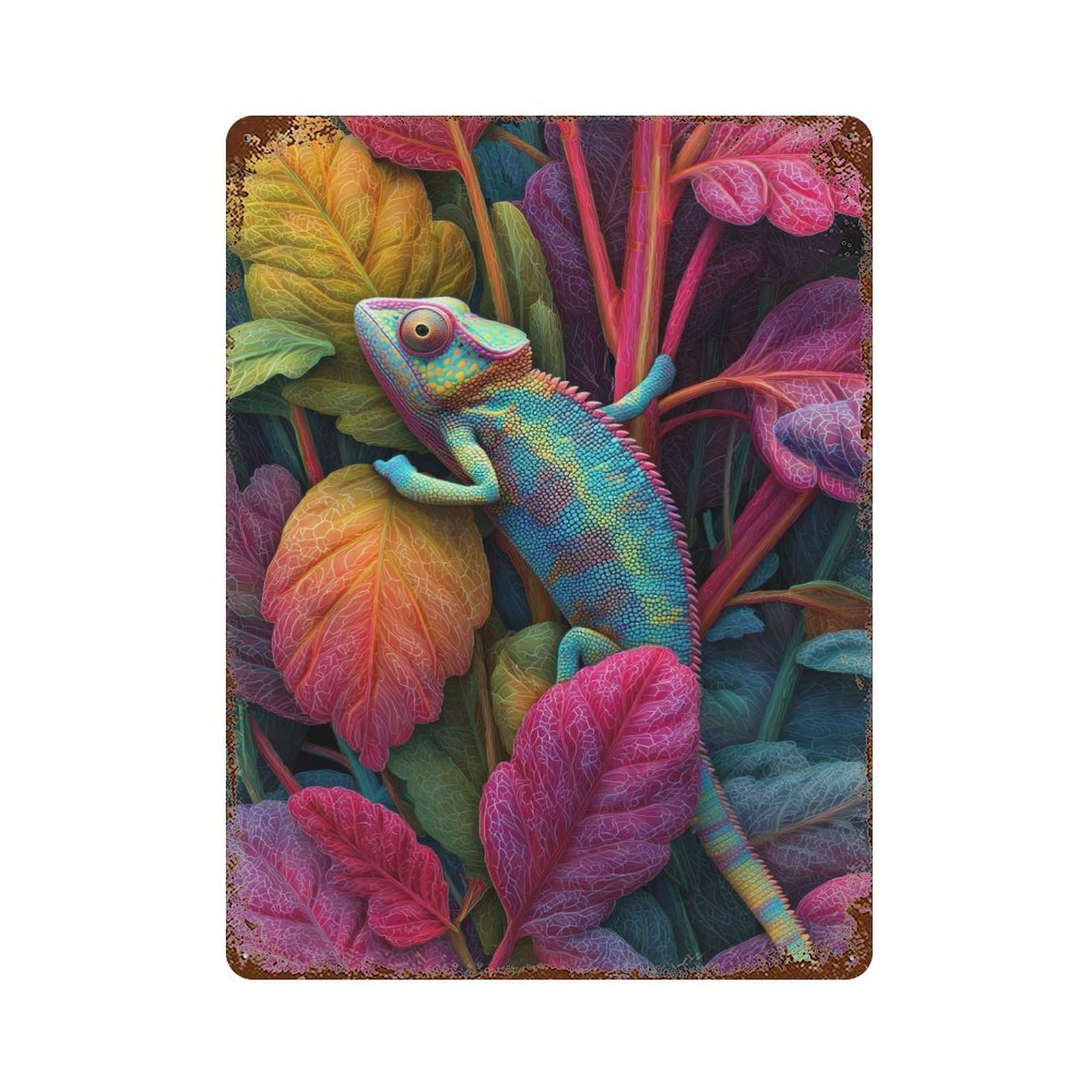 Rust Effect Colorful Chameleon in Vibrant Foliage Aged Metal Wall Plaque 15.7"x11.8", Rustic Home Decor for Bistro, Counter And Cafe Decor