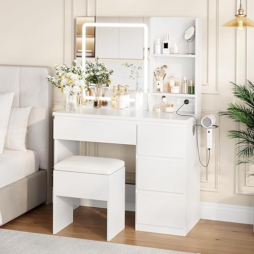 Makeup Vanity Desk with 3-Color LED Lighted Mirror, 4 Drawers & Power Outlet, Vanity Set with Charging Station, Storage Stool, Open Shelves & Hair Dryer Holder, Bedroom Dressing Table for Makeup,White