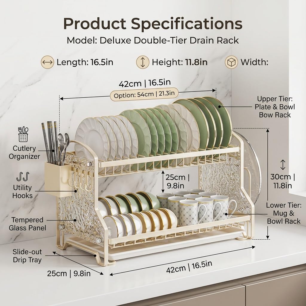 Escurridor de platos de dos niveles, organizador de cocina moderno | Estructura metálica, diseño estilo crema, gran capacidad, drenaje eficiente(White 1,42cm/16.5in)