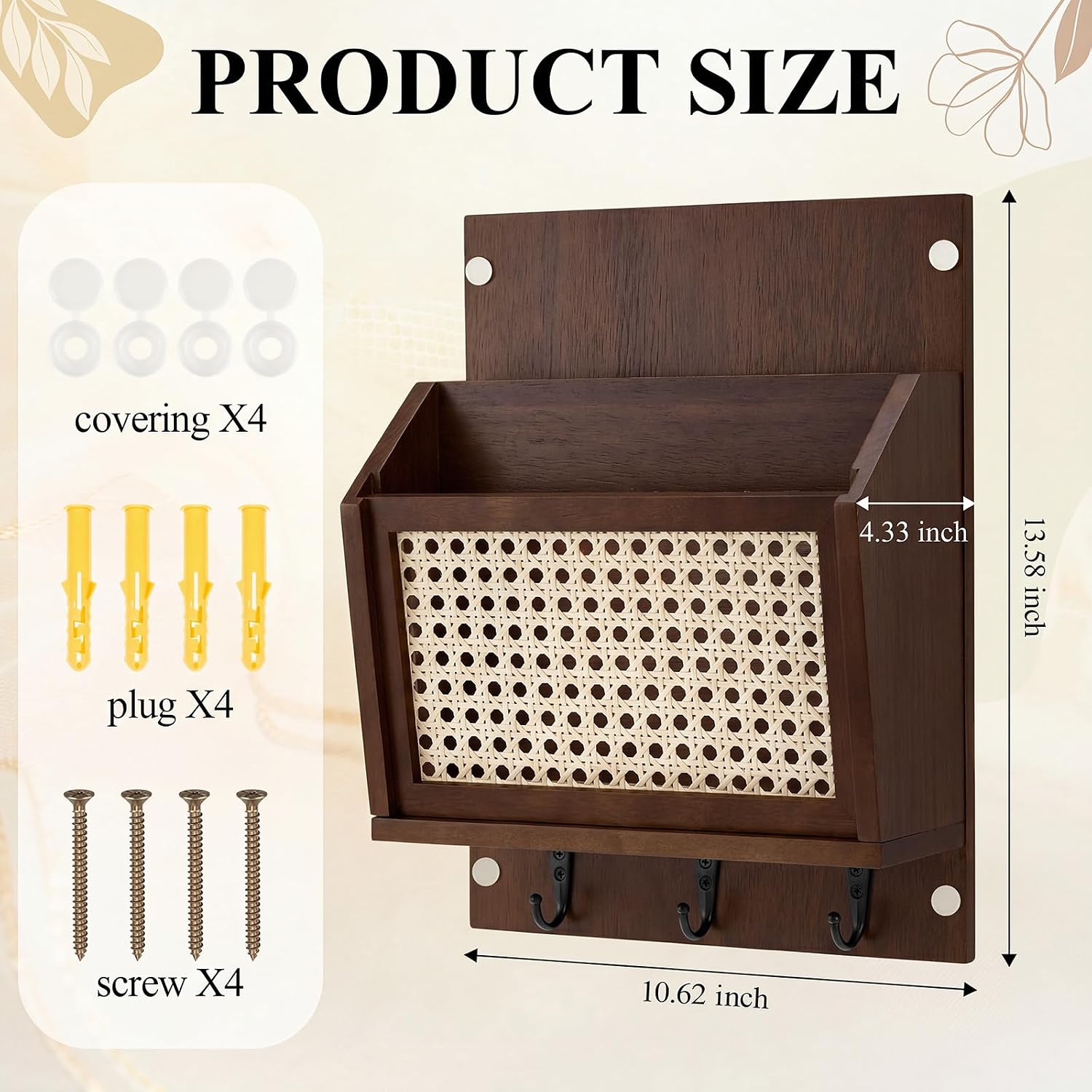 Rattan Mail and Key Holder Wall Mounted, Wood Magazine Mail Sorter Rack Wall Organizer with 2 Slots 3 Hooks for Coat, Dog Leash, Decorative Key Rack for Entryway,Living Room (Dark Brown) image 3