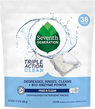 Seventh Generation Triple Action Clean Dishwasher Detergent Packs 1 pack Free & Clear For de-greasing and cleaning even the toughest food messes Fights 48-hr stuck-on food 21.3 oz