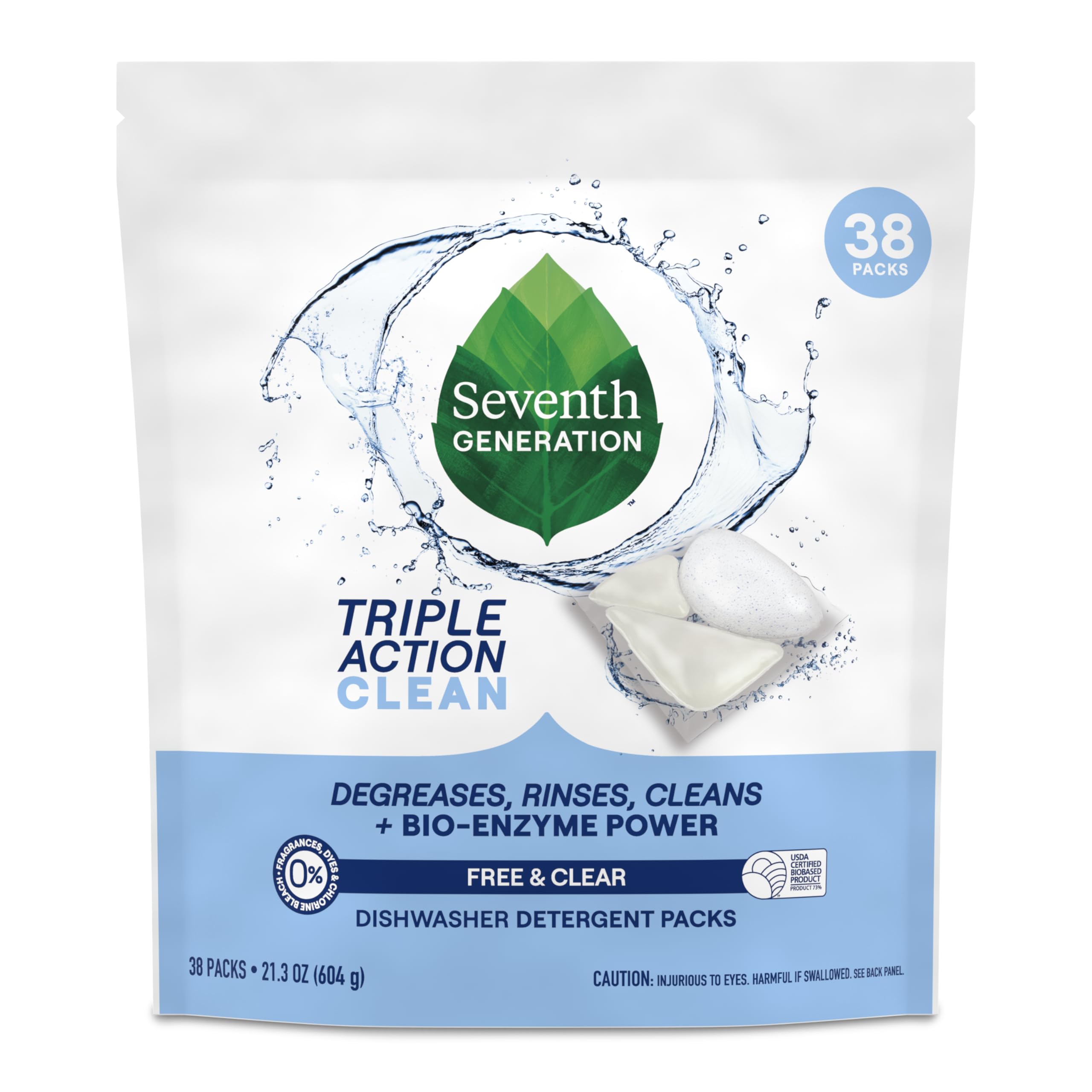 Seventh Generation Triple Action Clean Dishwasher Detergent Packs 1 pack Free &amp; Clear For de-greasing and cleaning even the toughest food messes Fights 48-hr stuck-on food 21.3 oz