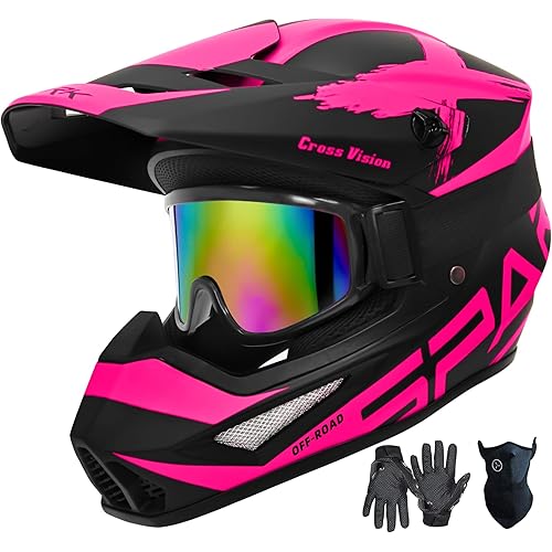 Motocross Helmet,Youth & Adult ATV Dirt Bike Motorcycle,BMX 4-Wheeler Off-Road Mountain Bike Helmet,DOT Certified,W/Gloves Goggles Mask 4-Piece Set (01 Pink, X-Large)