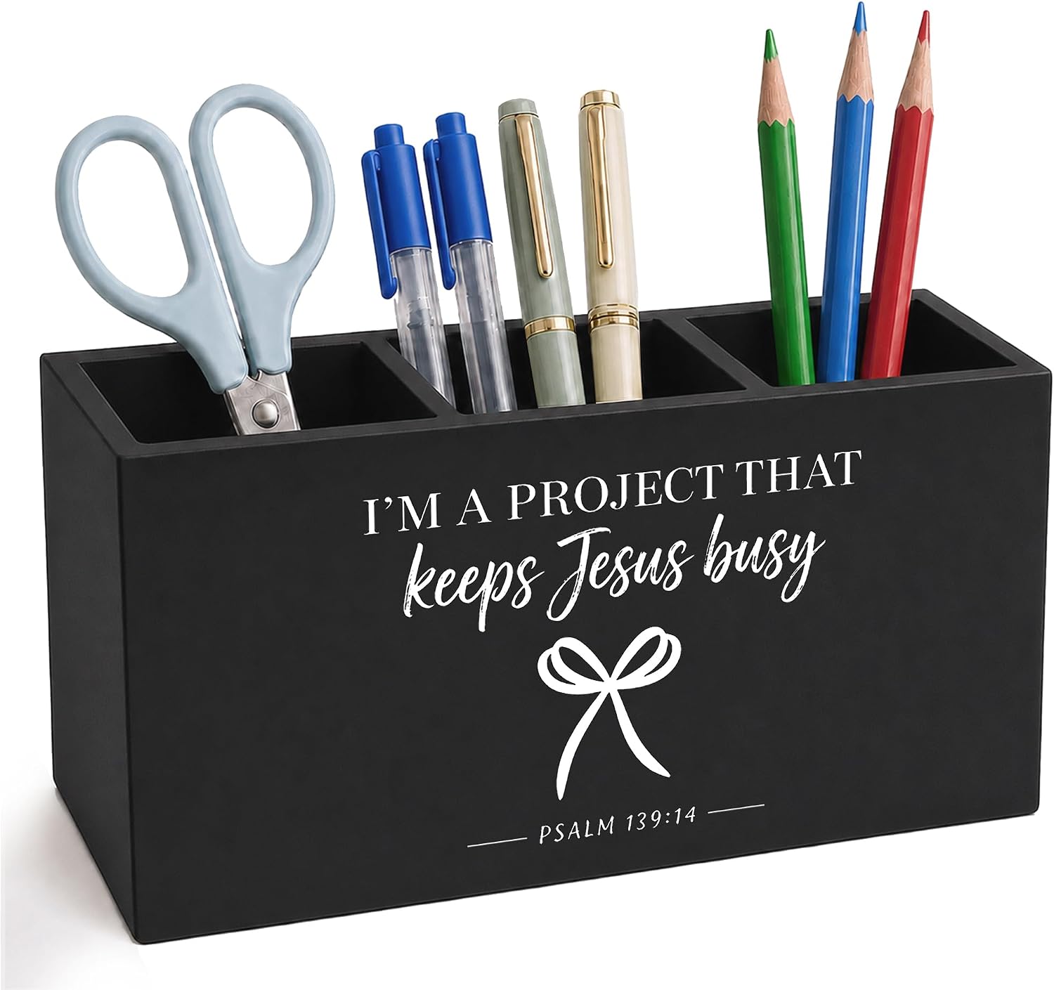 Coquette Christian Wood Pencil Pen Holder for Desk, Christian Gifts for Women, I'm a Project That Keeps Jesus Busy Funny Bible Desk Organizer and Accessories for Home Office