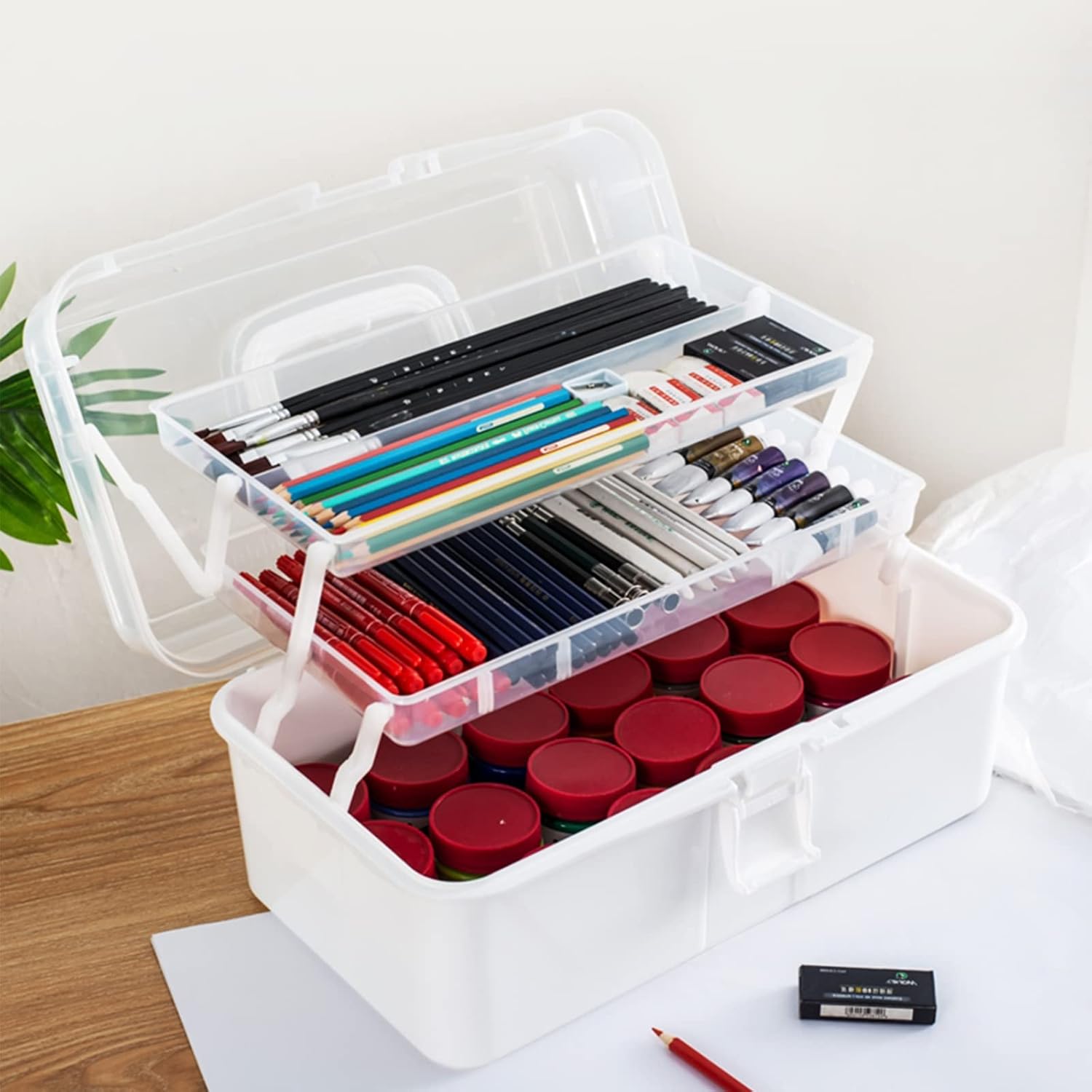 Ruucy Craft Storage Box with Compartments, 3 Layers Plastic Cantilever Craft Box, Art Storage