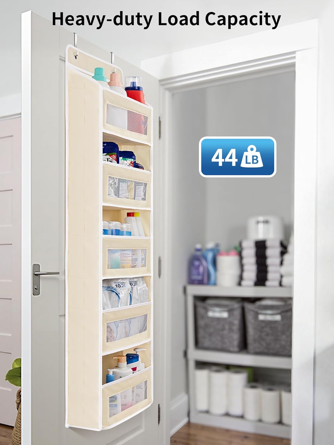 JARLINK Over The Door Organizer Storage, 5 Shelf Hanging Door Organizer with 5 Large Capacity Pockets, Anti Tilt 44 lb Load Behind Door Storage for Bedroom, Bathroom, Pantry, Nursery, (Beige) - Image 6